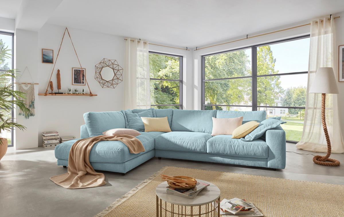 ECKSOFA in Cord Hellblau  - Schwarz/Hellblau, Design, Kunststoff/Textil (224/325cm) - Hom`in