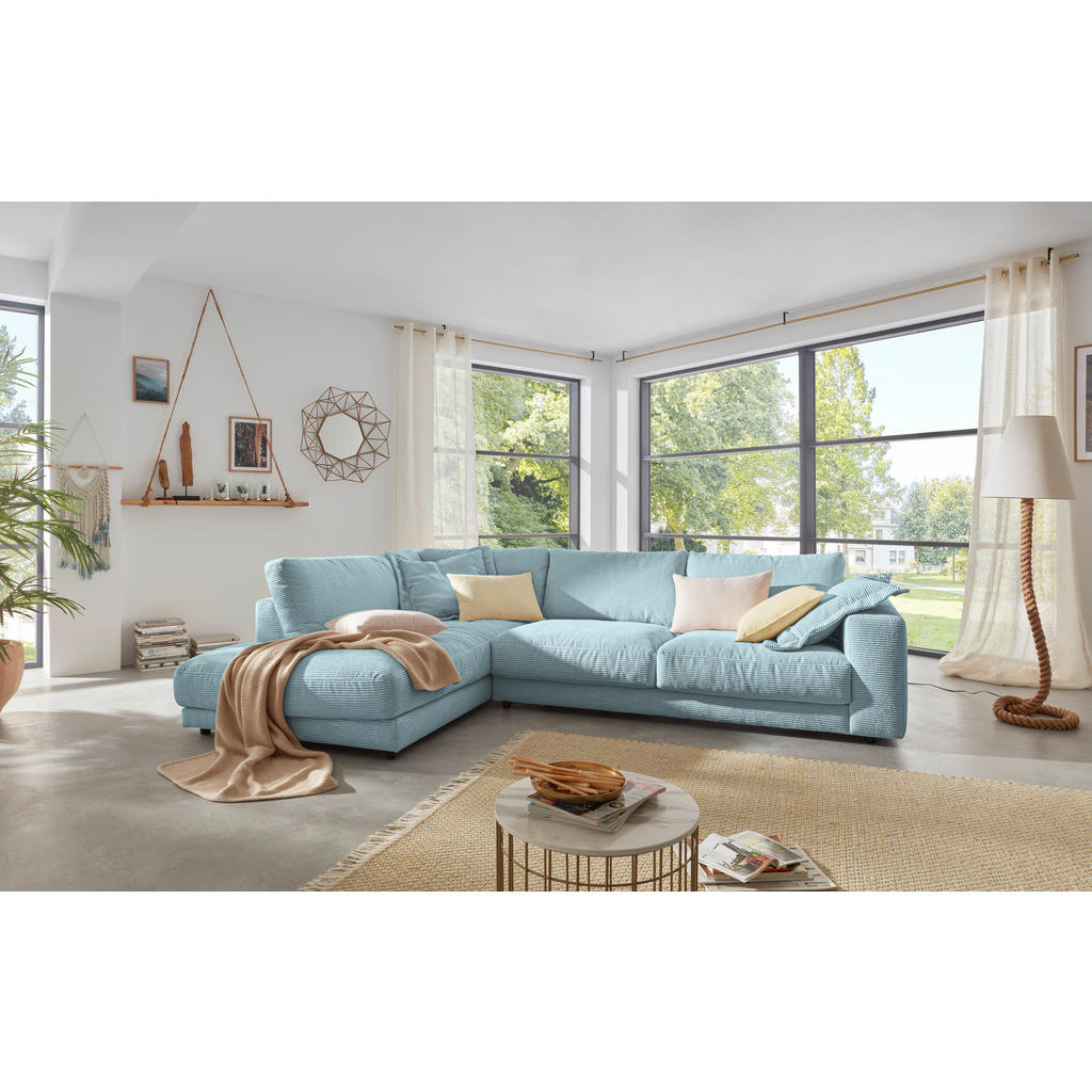 Thumbnail - Hom`in Ecksofa, Hellblau, Textil, 4-Sitzer, Füllung: Schaumstoff, Federn, Ottomane links, L-Form, 325x224 cm, Blauer Eng...