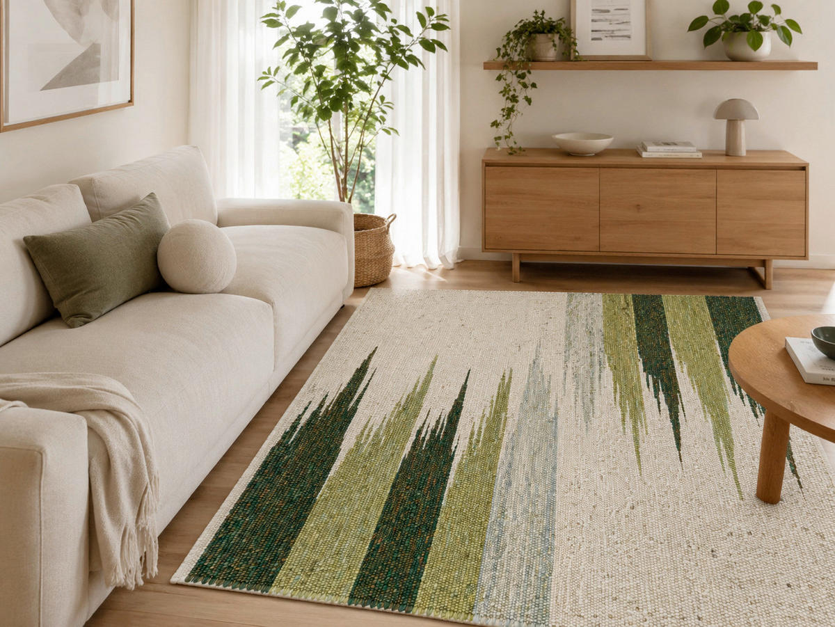 KÉZZEL SZŐTT SZŐNYEG   - sárga/zöld, Basics, textil (70/130cm)
