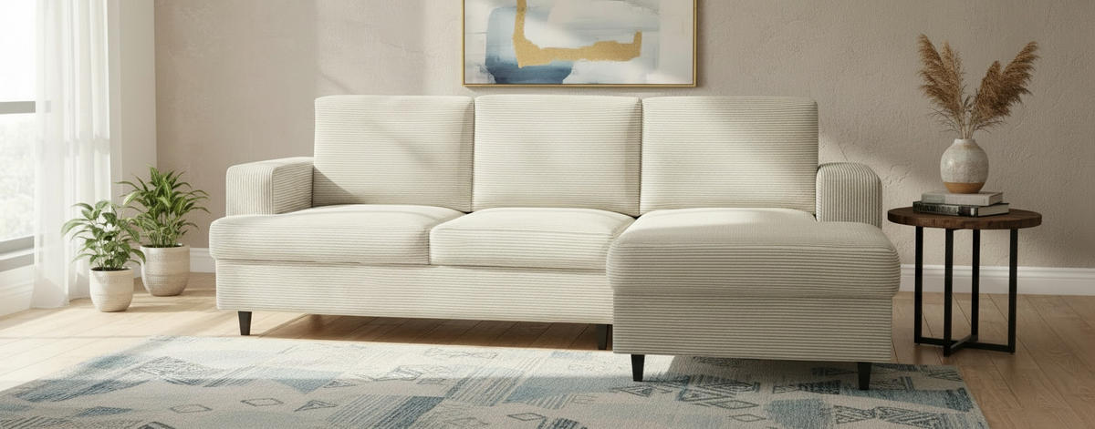 ECKSOFA  in Cord, Velours Beige  247/140 cm  - Beige/Schwarz, Design, Holz/Textil (247/140cm) - MID.YOU