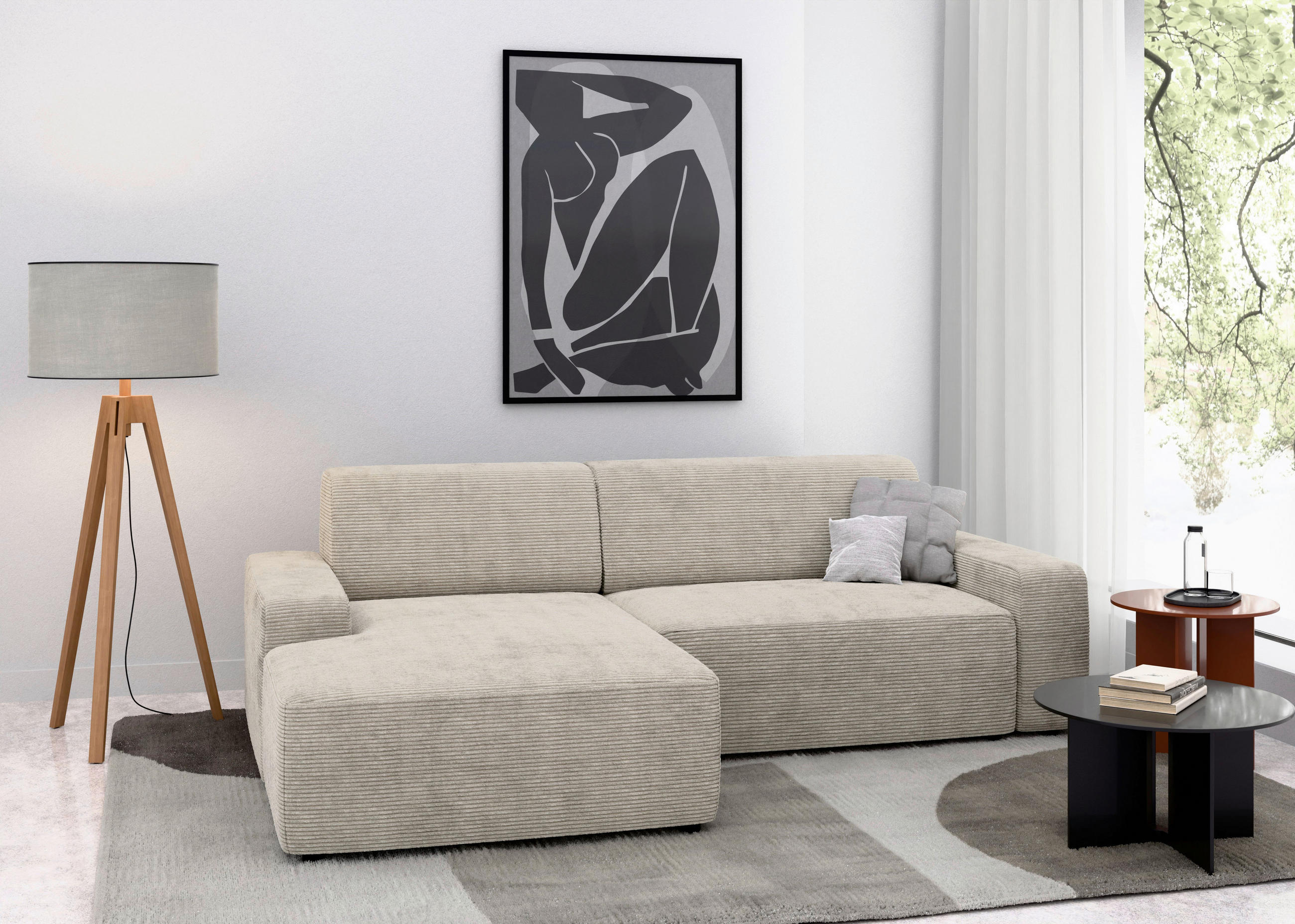 ECKSOFA in Cord Creme - Creme/Schwarz, Modern, Kunststoff/Textil (162/246cm) - Trendmanufaktur