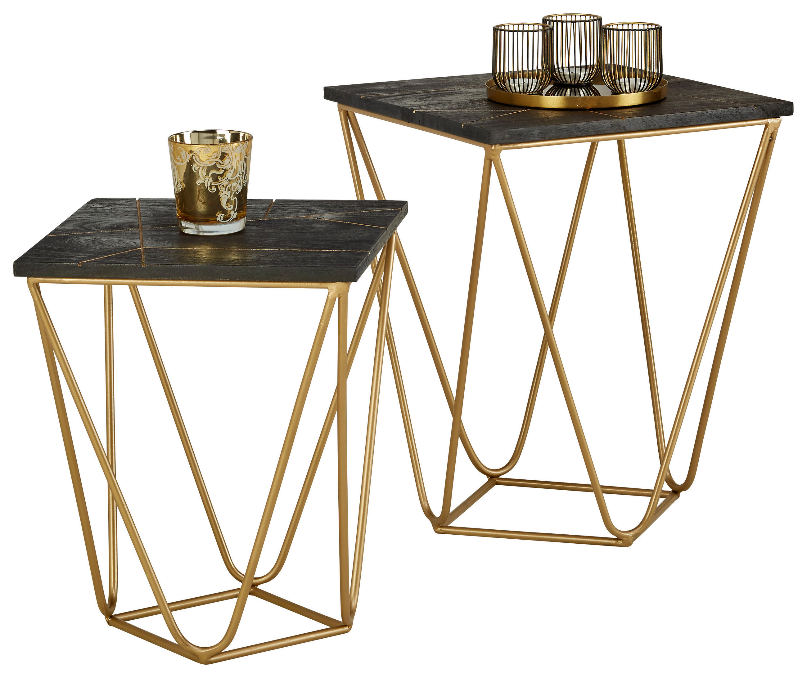 BEISTELLTISCHSET Akazie massiv quadratisch Schwarz - Goldfarben/Schwarz, Trend, Holz/Metall (40/40/50cm) - Ambia Home