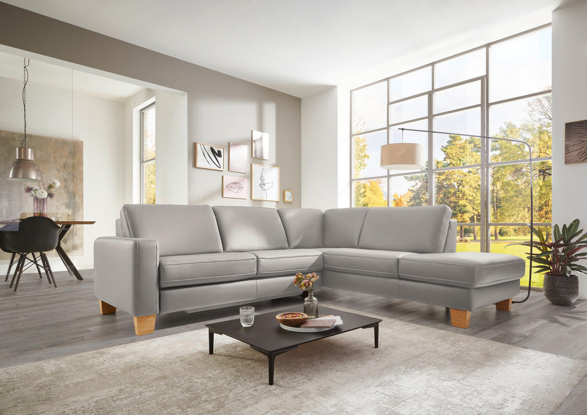ECKSOFA in Echtleder Hellgrau  - Eiche Bianco/Hellgrau, Natur, Leder/Holz (257/235cm) - Valdera