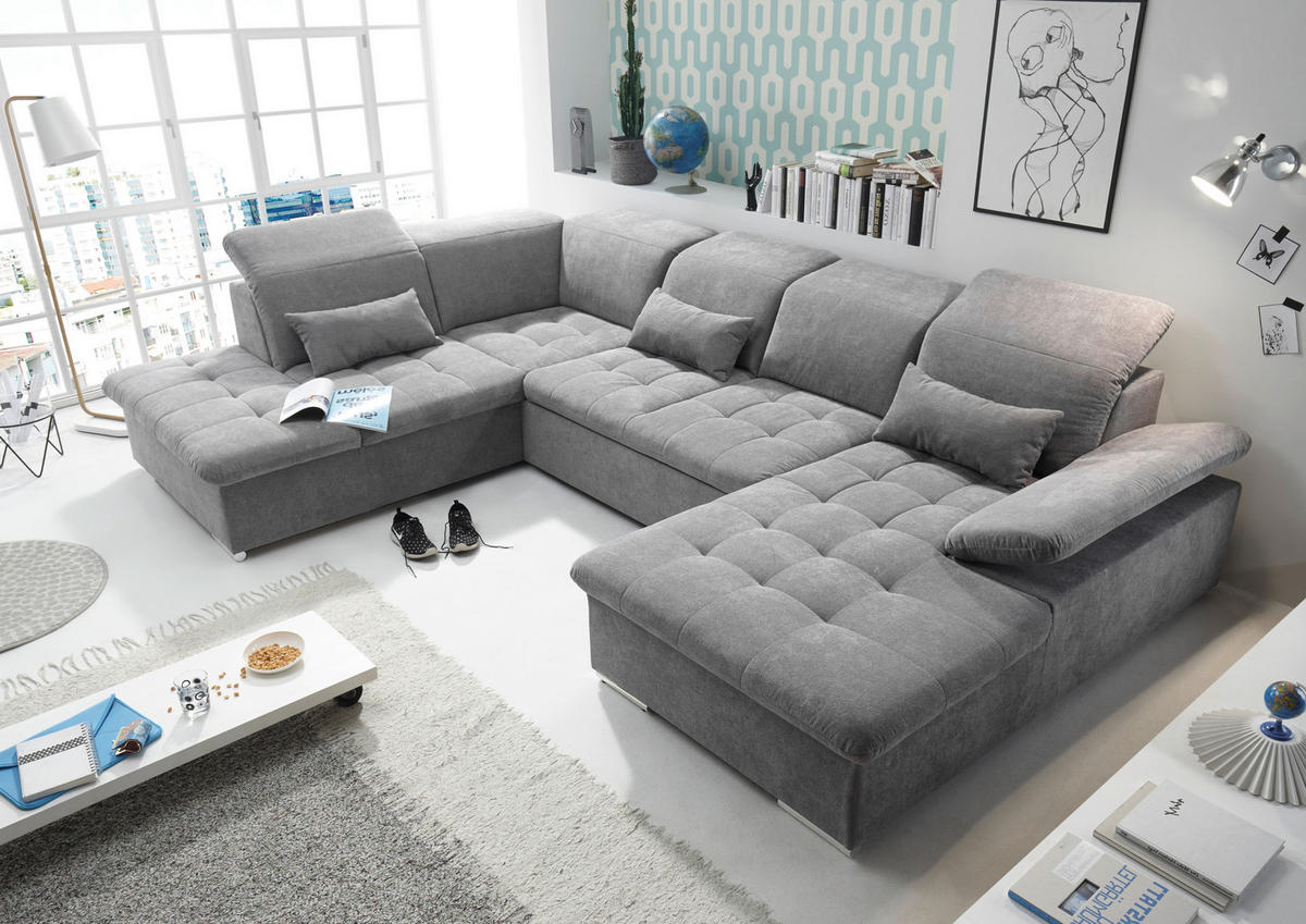 WOHNLANDSCHAFT in Mikrovelours Grau  - Dunkelgrau/Silberfarben, KONVENTIONELL, Kunststoff/Textil (240/340/188cm) - MID.YOU