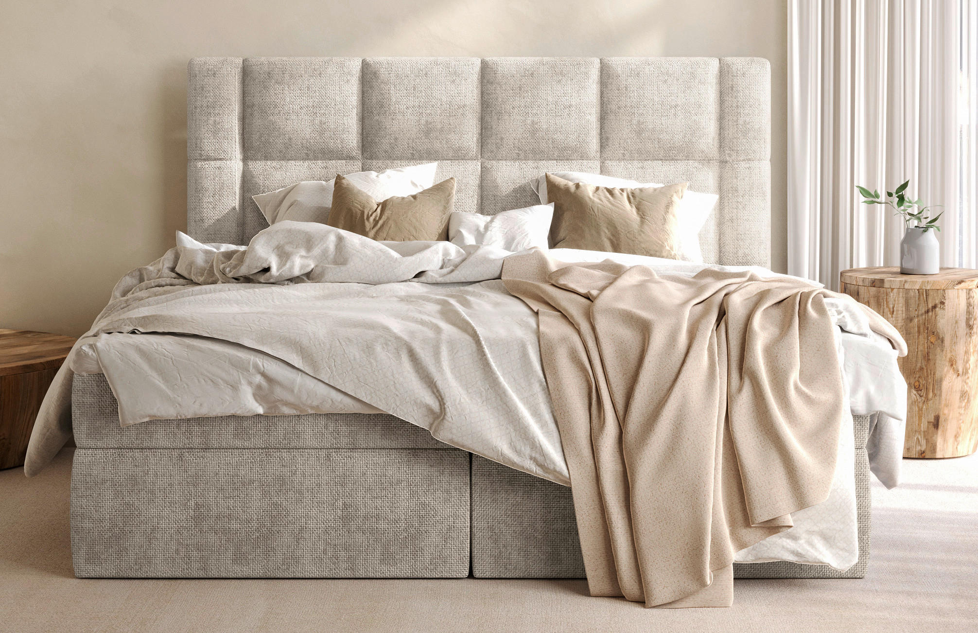 BOXBETT 180/200 cm,  in Beige, gepolstertes Kopfteil, Bettkasten, Topper, Matratzen, H3 = fest  - Beige/Schwarz, MODERN, Holz/Holzwerkstoff (180/200cm) - Boxxx