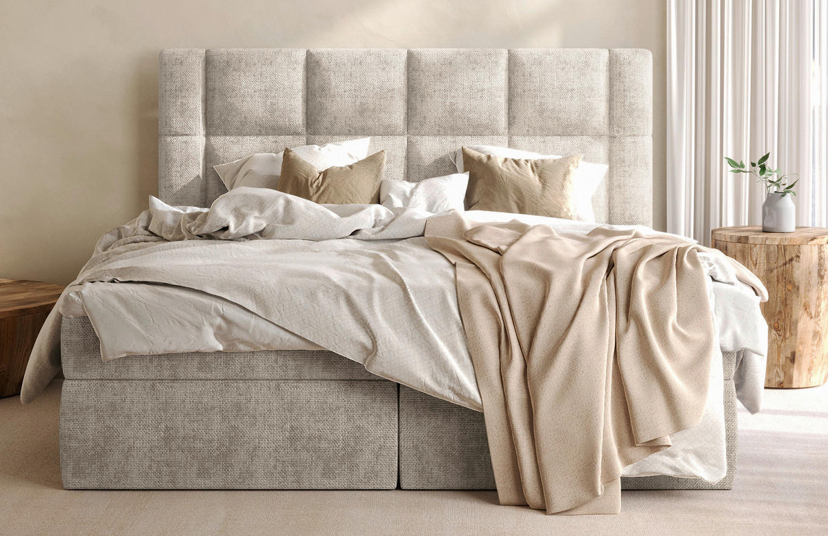 BOXBETT 180/200 cm,  in Beige, gepolstertes Kopfteil, Bettkasten, Topper, Matratzen, H3 = fest  - Beige/Schwarz, MODERN, Holz/Holzwerkstoff (180/200cm) - Boxxx