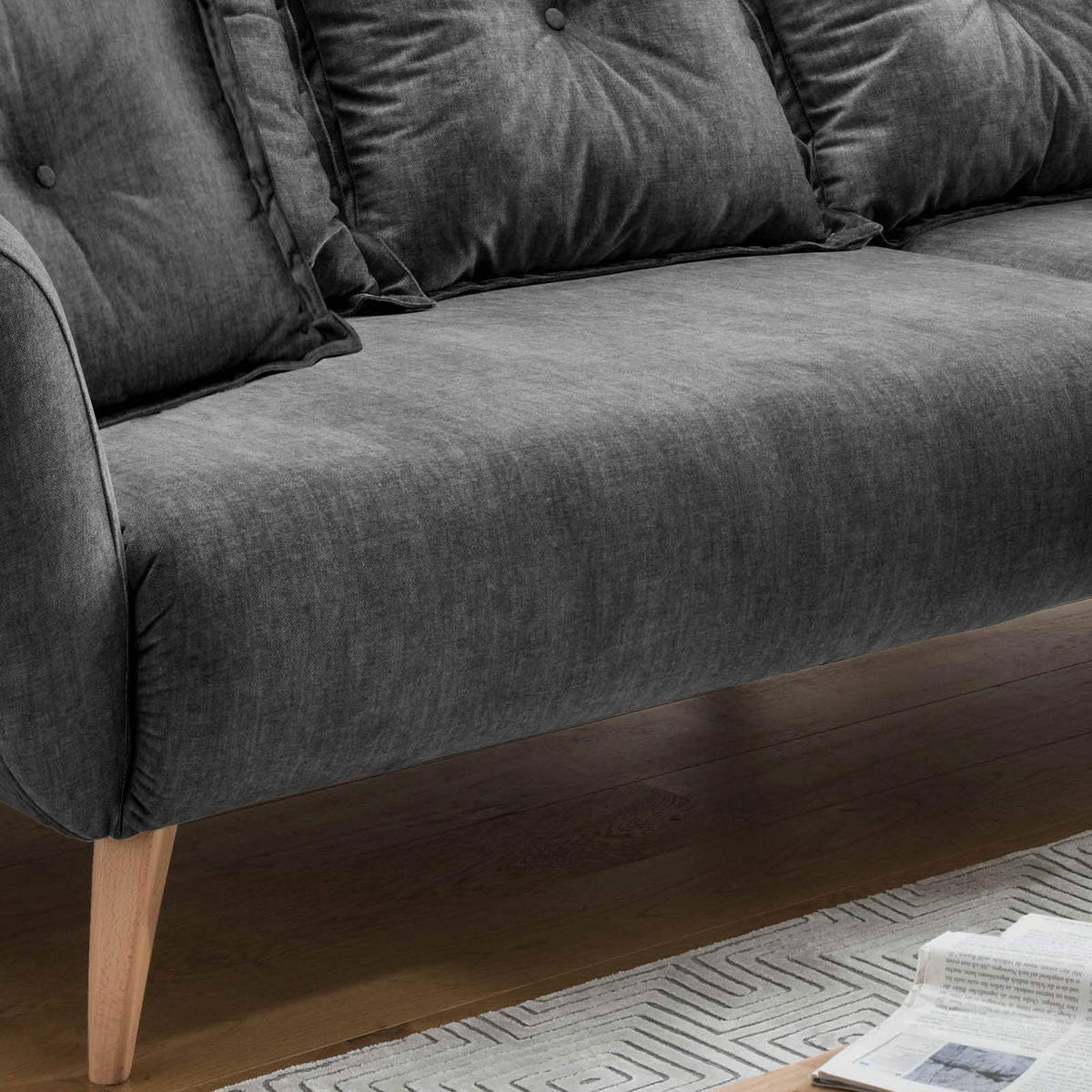 ECKSOFA in Velours Grau  - Buchefarben/Grau, Modern, Holz/Textil (277/162cm) - Livetastic