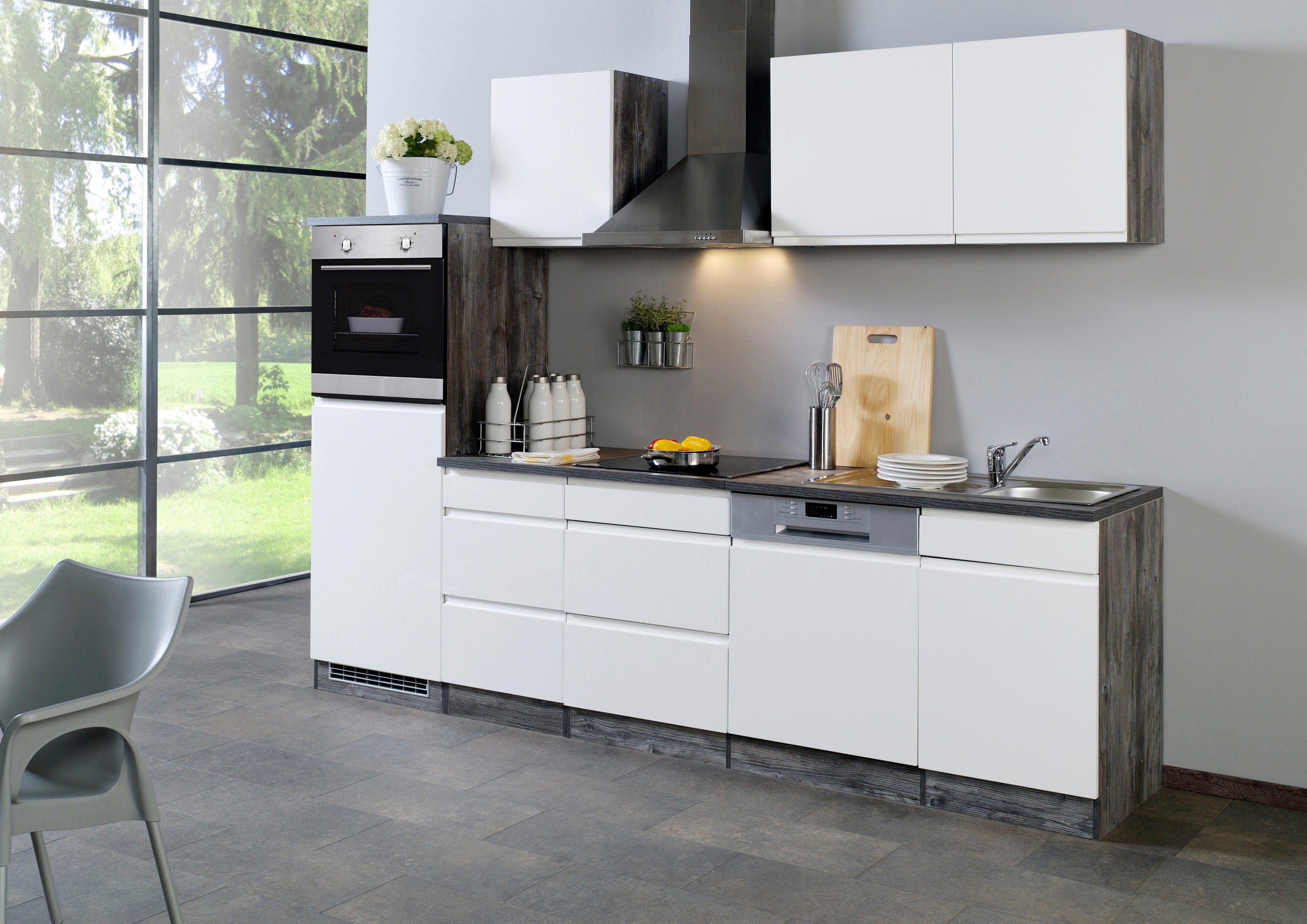Held Küchenblock Cardiff Grau, Weiß, Weiß Hochglanz 280 cm