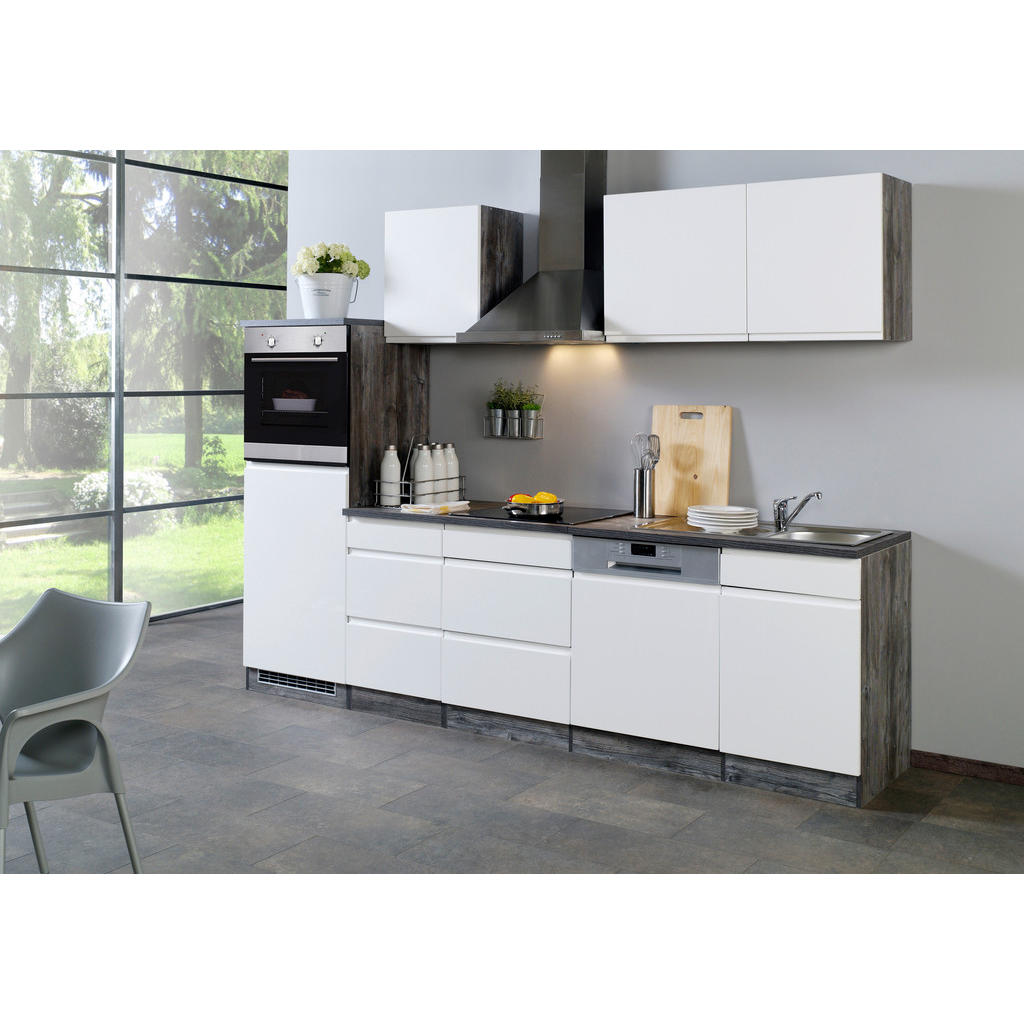 Küchenzeile Cardiff Mit Geräten 280 Cm Weiß Hochglanz/eiche