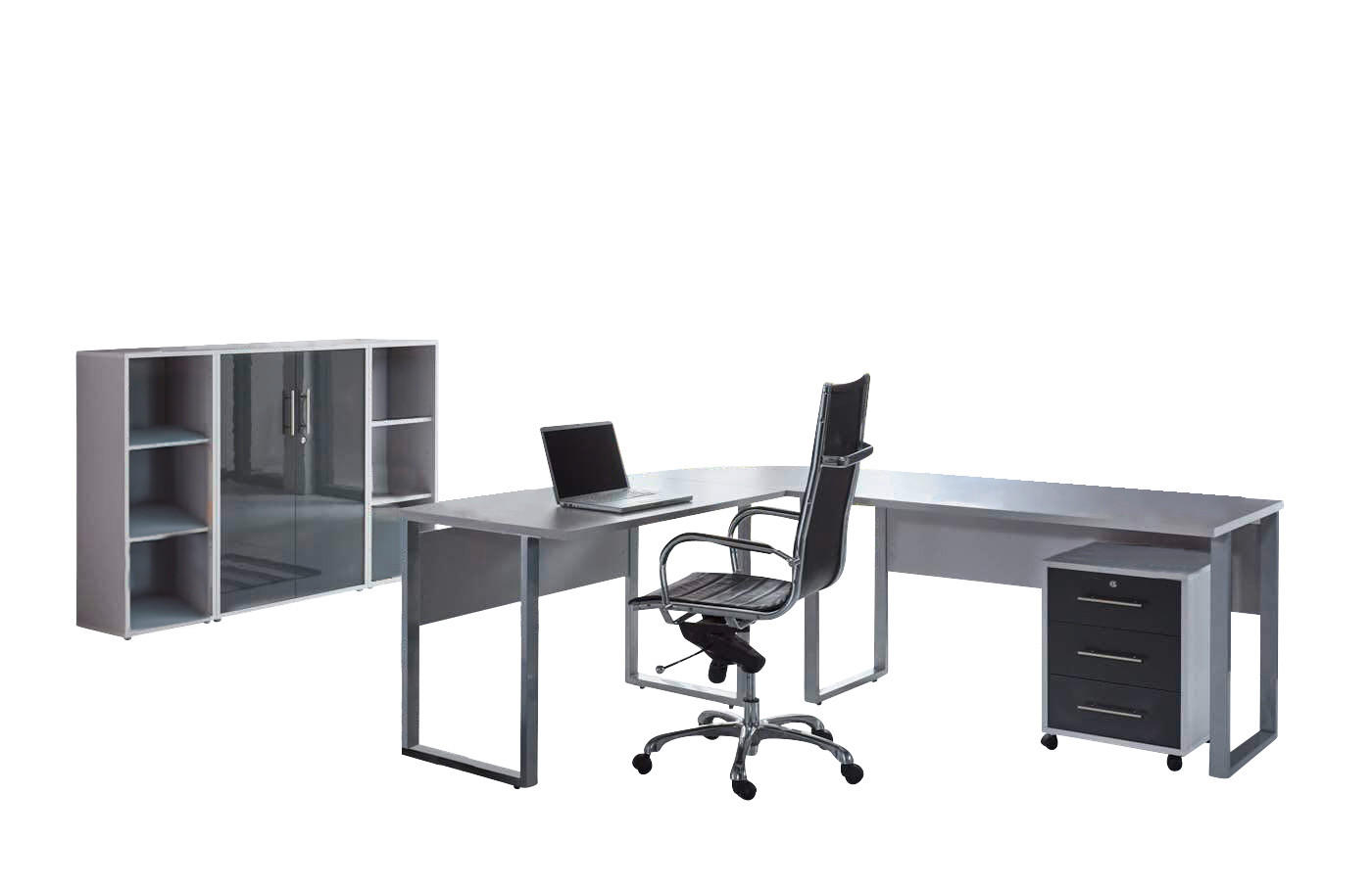 BÜRO erweiterbar, in verschiedenen Holz-Dekoren erhältlich, Schreibtisch seitenverkehrt montierbar, abschließbar Grau, Anthrazit Hochglanz - Anthrazit Hochglanz/Grau, MODERN, Holzwerkstoff - MID.YOU