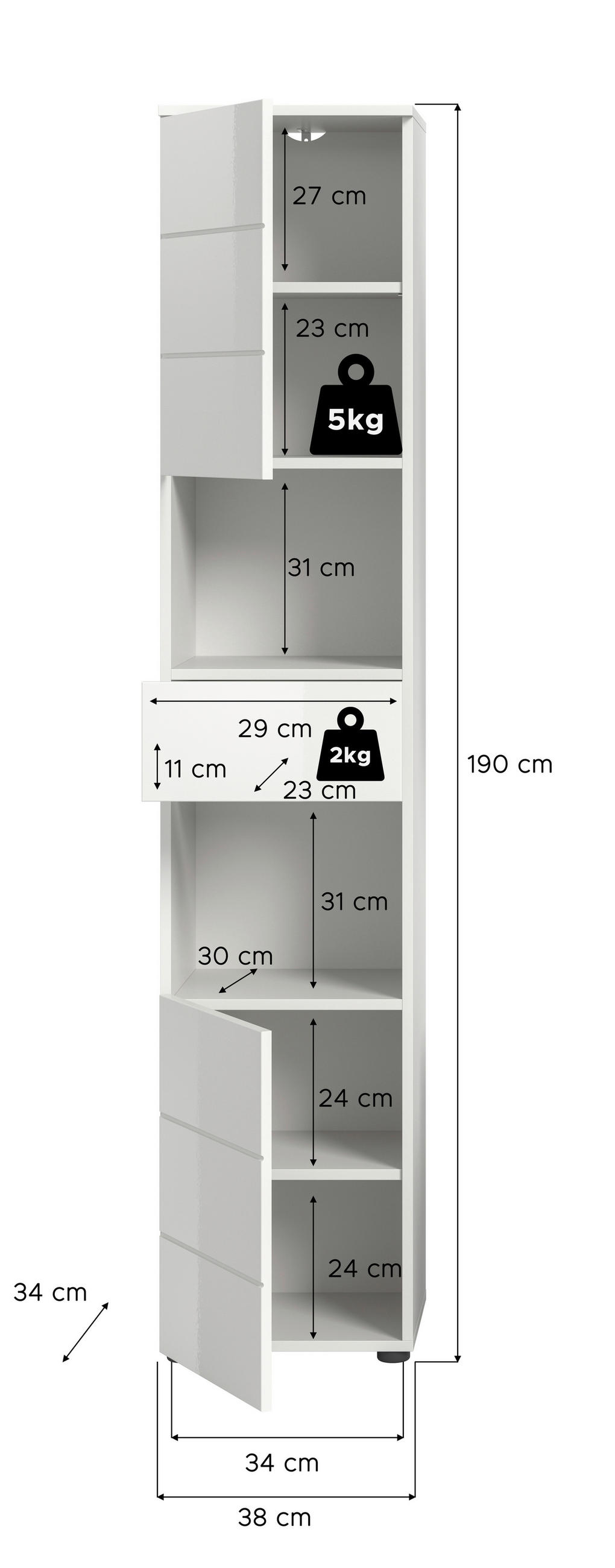HOCHSCHRANK 38/190/34 cm  - Weiß Hochglanz/Schwarz, MODERN, Holzwerkstoff/Kunststoff (38/190/34cm) - MID.YOU