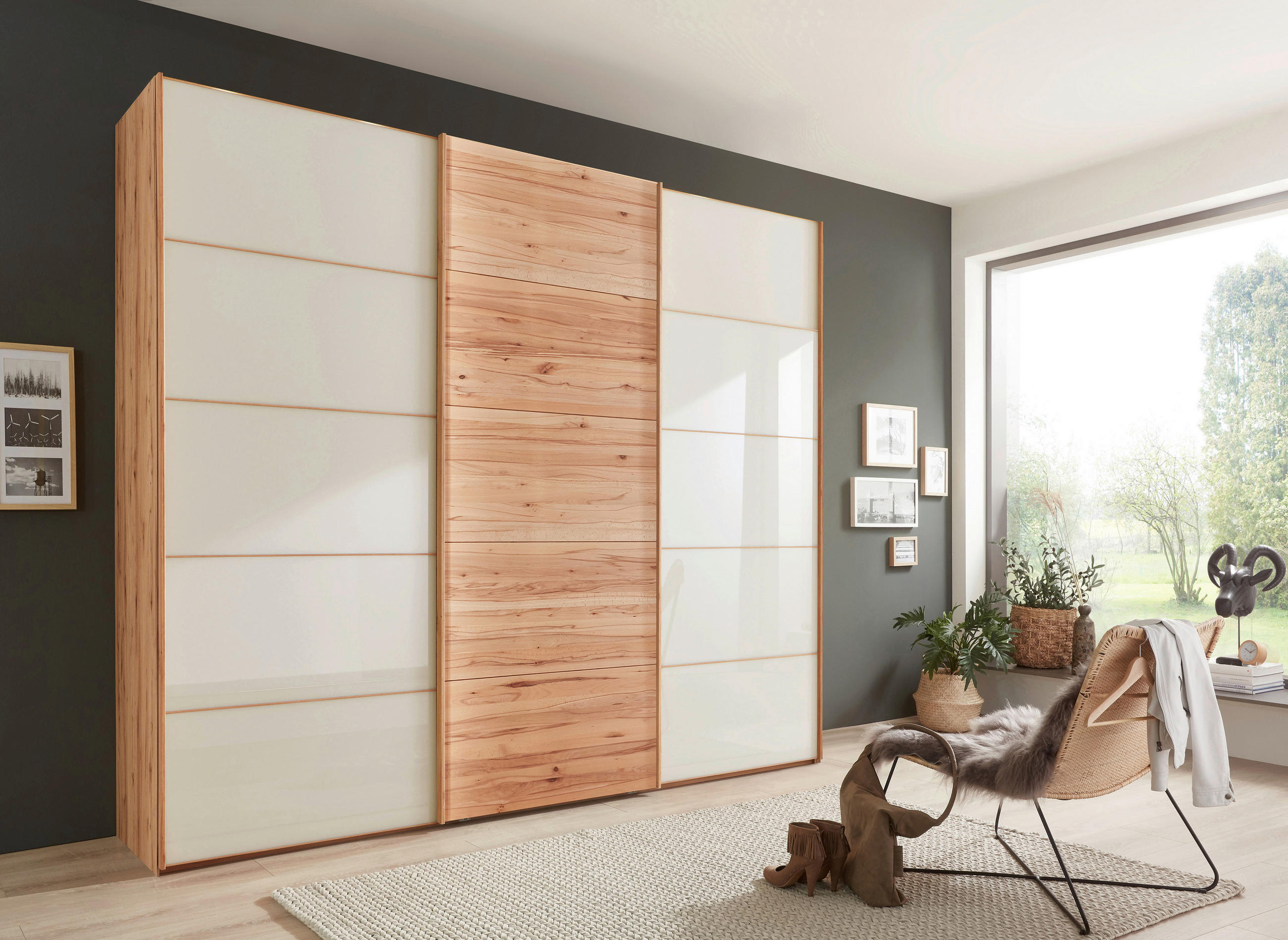 SCHWEBETÜRENSCHRANK 250/217/67 cm 3-türig Buchefarben, Champagner  - Champagner/Buchefarben, Natur, Glas/Holz (250/217/67cm) - Linea Natura