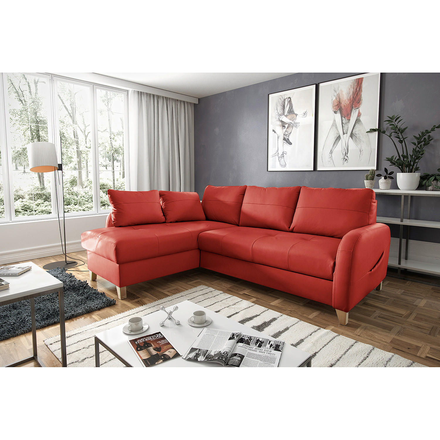 ECKSOFA Rot Echtleder Lederlook Bettkasten, Schlaffunktion, Rücken echt  - Buchefarben/Rot, Design, Leder/Holz (168/227cm) - Livetastic