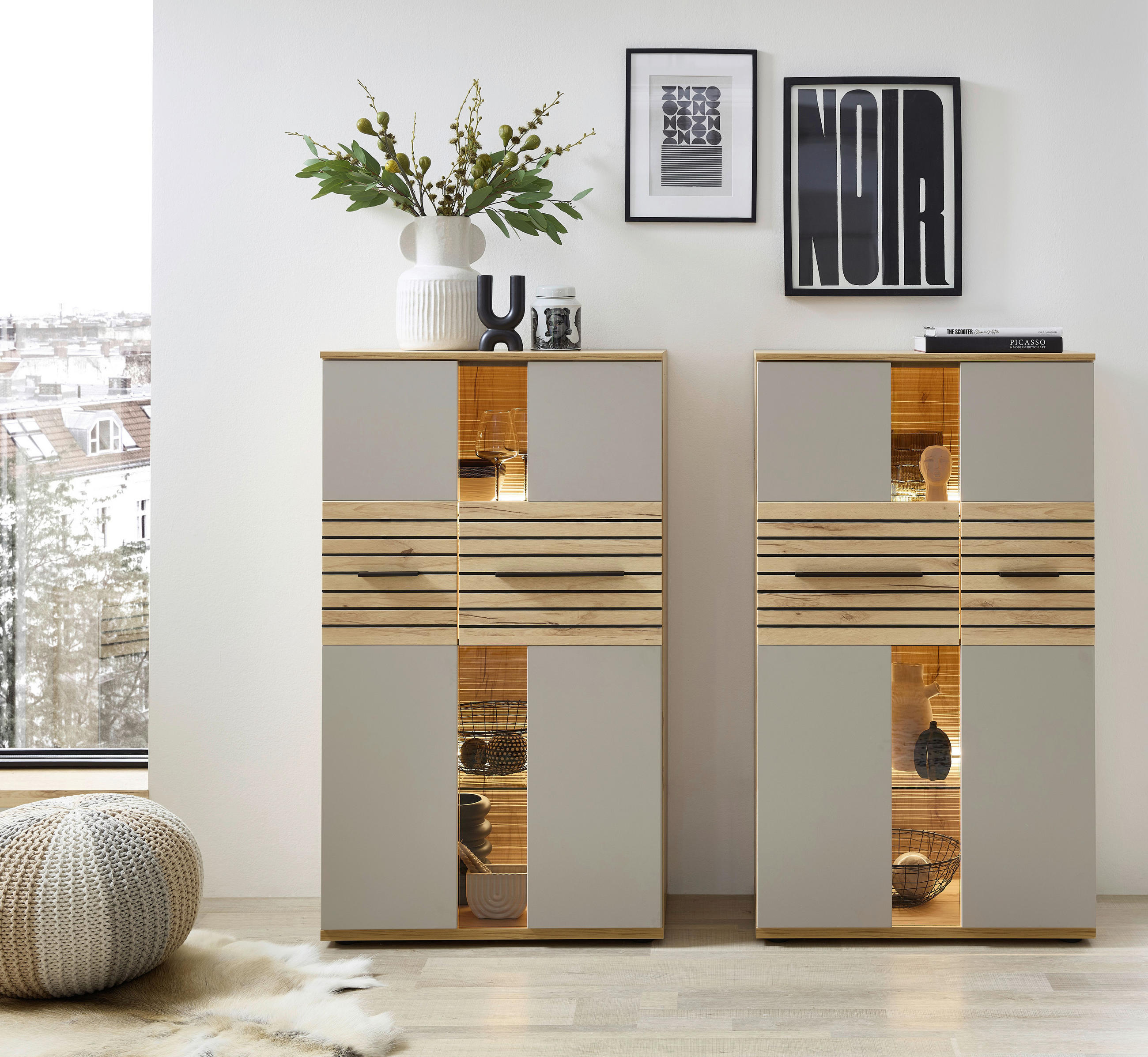 HIGHBOARD Grau, Buchefarben  90/131/40 cm  - Buchefarben/Schwarz, KONVENTIONELL, Glas/Holzwerkstoff (90/131/40cm) - Venda