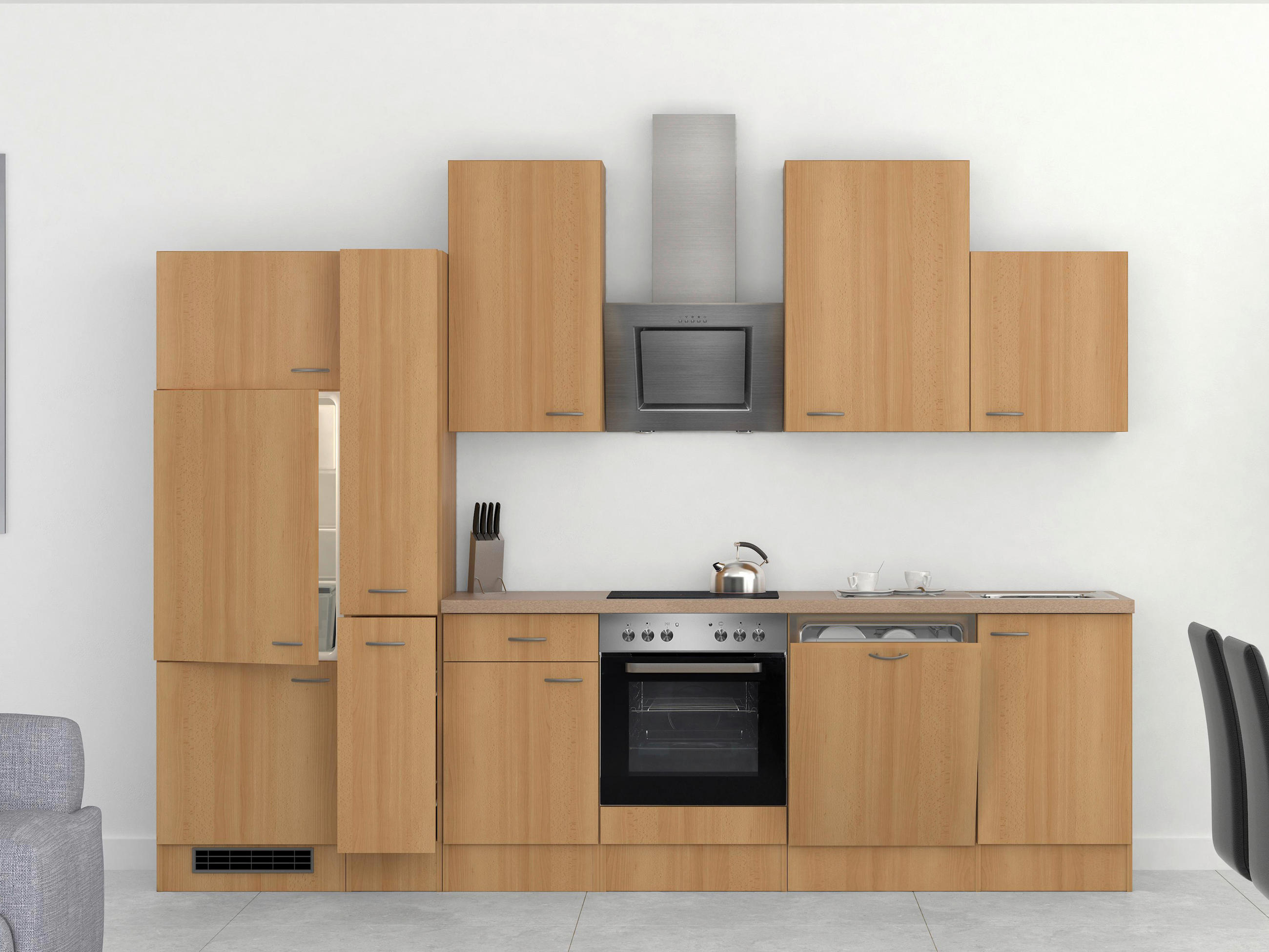 KÜCHENBLOCK 310 cm in Buchefarben - Edelstahlfarben/Beige, MODERN, Holzwerkstoff/Kunststoff (310cm) - FlexWell