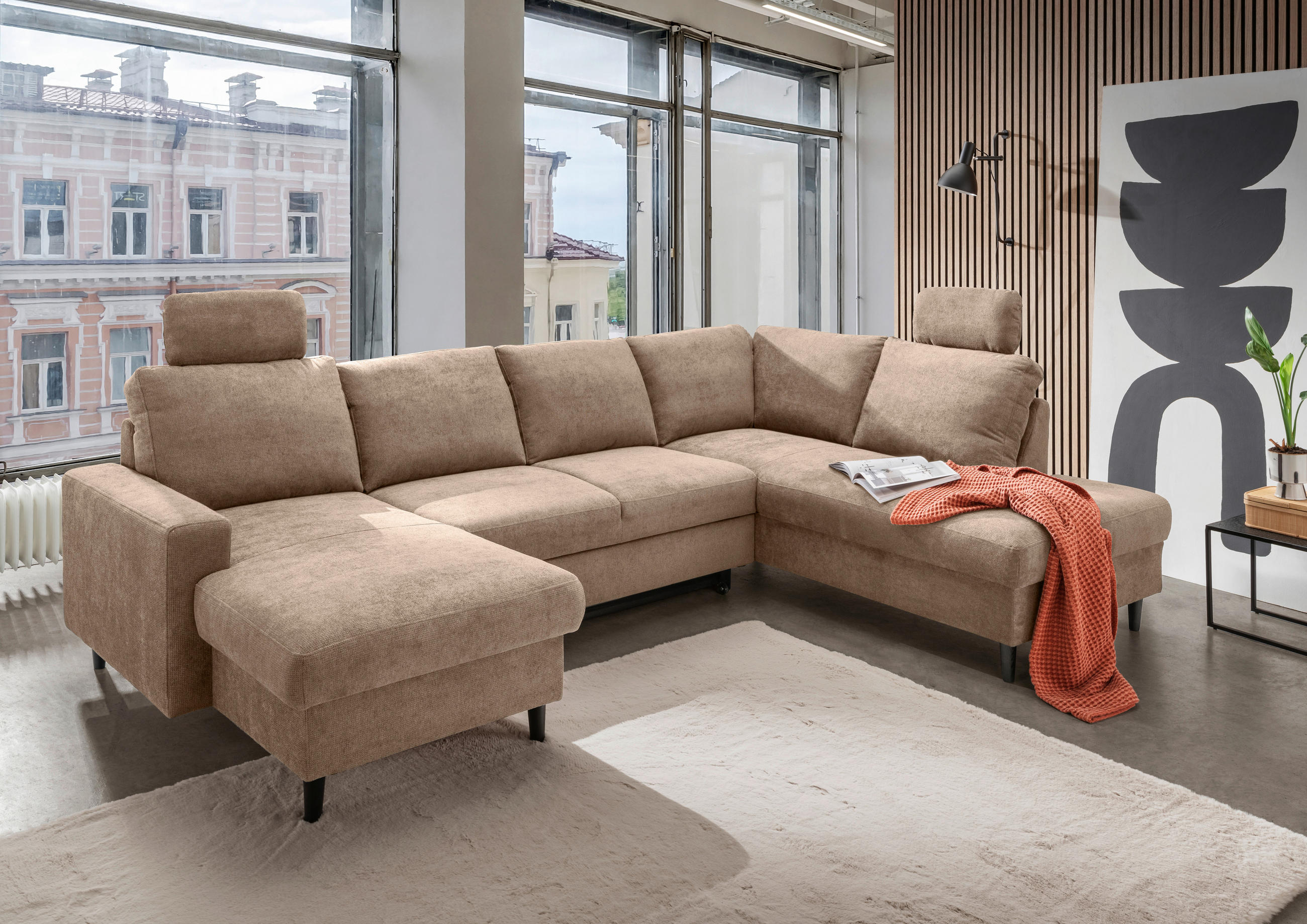 WOHNLANDSCHAFT in Chenille Hellbraun - Hellbraun/Schwarz, Modern, Holz/Textil (153/305/200cm) - Livetastic