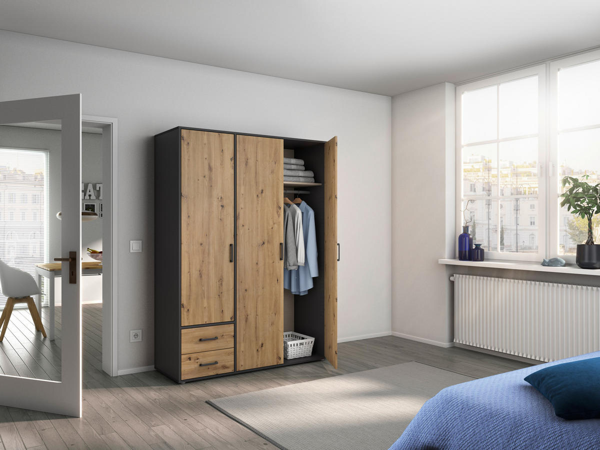 DREHTÜRENSCHRANK in Grau, Eiche Artisan  - Eiche Artisan/Grau, Modern, Holzwerkstoff/Kunststoff (140/194/53cm) - Rauch Möbel