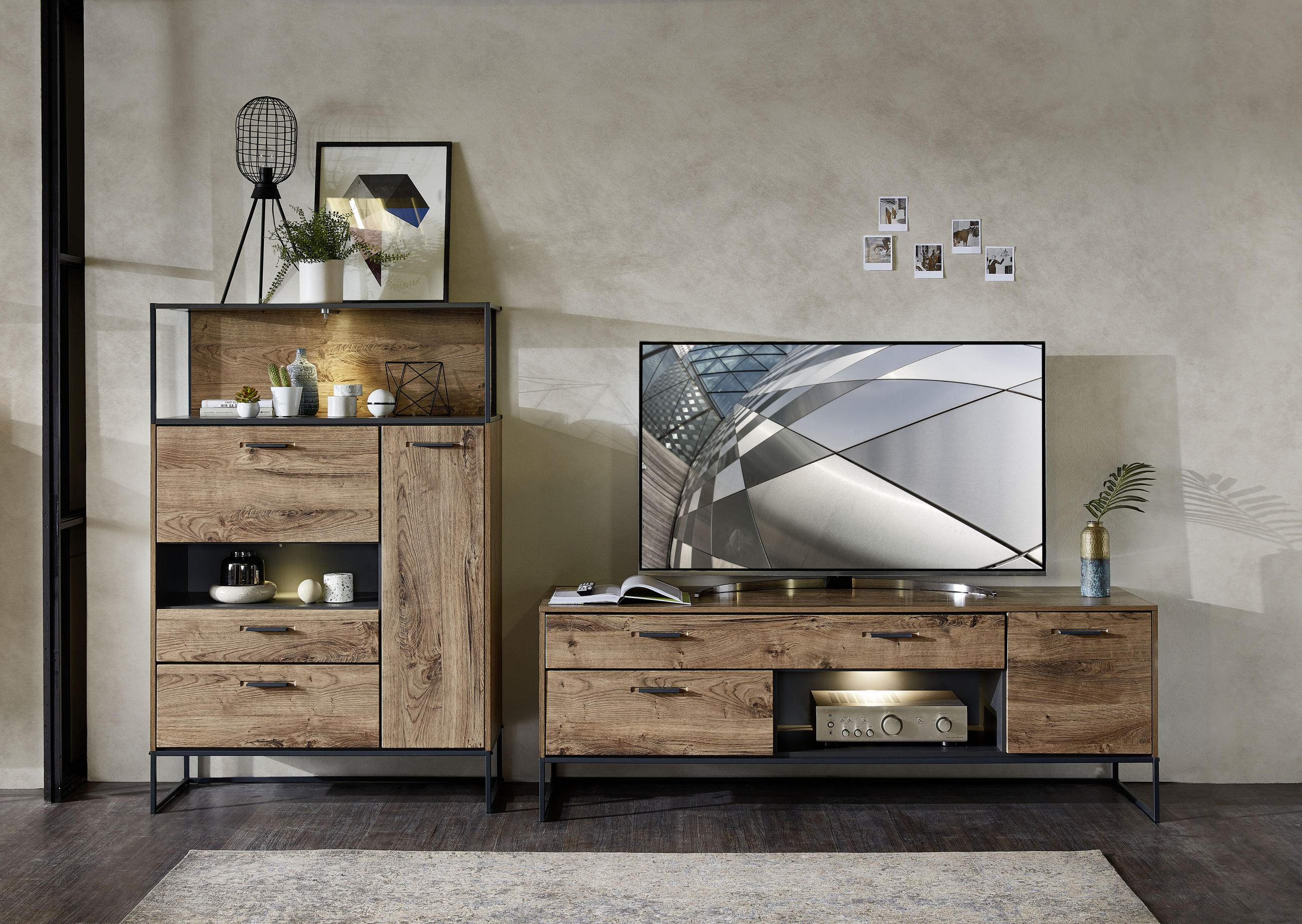 WOHNWAND Graphitfarben, Eichefarben Einlegeböden - Eichefarben/Anthrazit, MODERN, Glas/Holzwerkstoff (289/151/48cm) - Livetastic