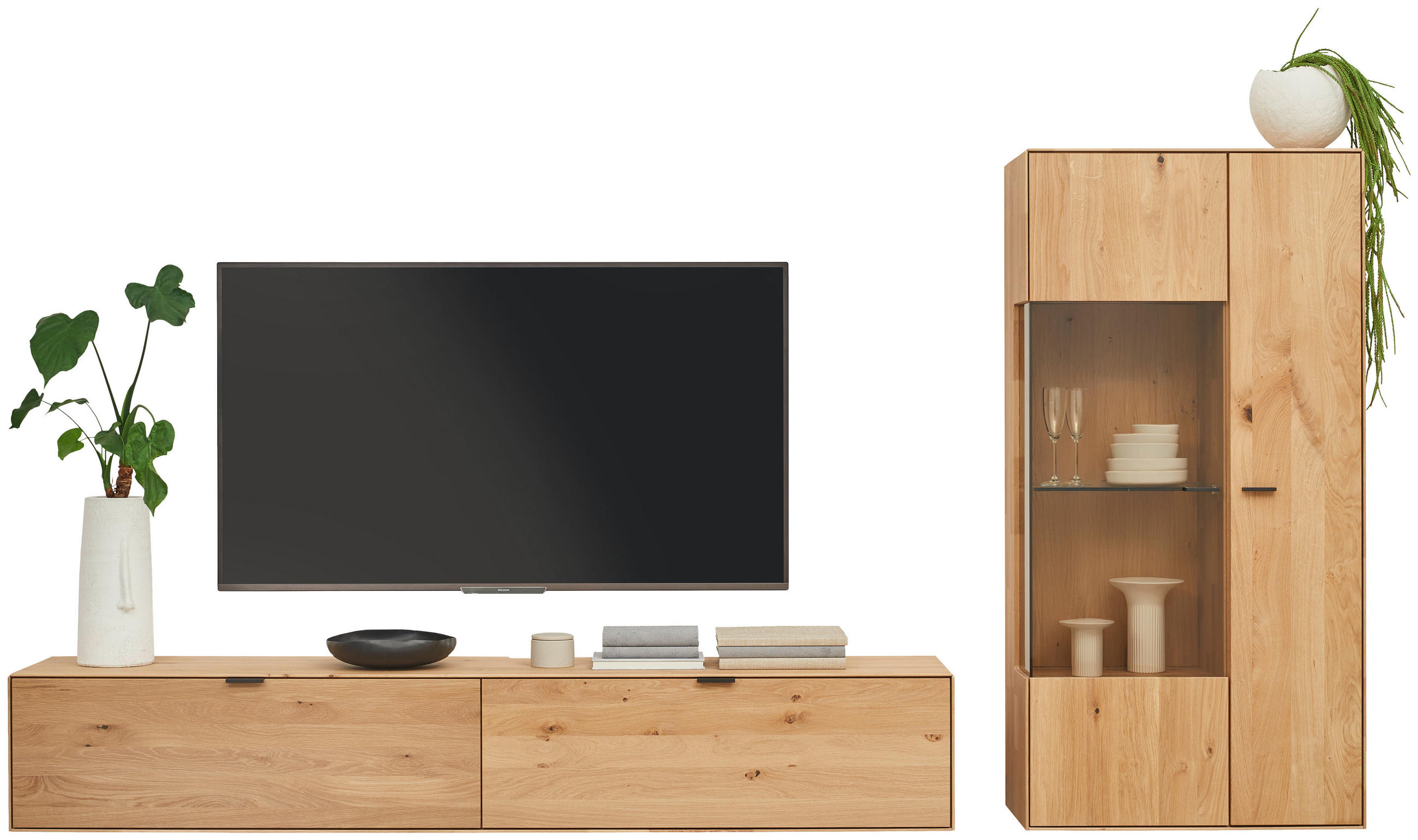 WOHNWAND  in Wildeiche  303,8/184,6/37,1 cm  - Wildeiche/Schwarz, Natur, Glas/Holz (303,8/184,6/37,1cm) - Valnatura