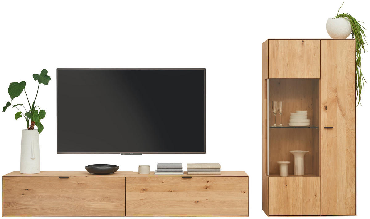WOHNWAND  in Wildeiche 303,8/184,6/37,1 cm  - Wildeiche/Schwarz, Natur, Glas/Holz (303,8/184,6/37,1cm) - Valnatura