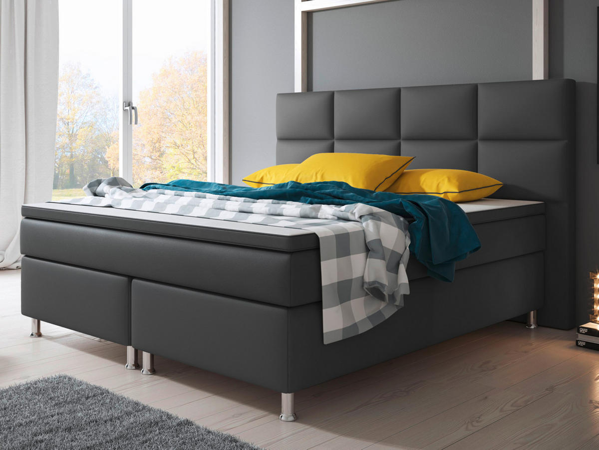 BOXSPRINGBETT  in Anthrazit, Matratze, gepolstertes Kopfteil, Topper, Matratzen, H3 + H3 = fest  - Anthrazit/Silberfarben, KONVENTIONELL, Leder/Textil (200/125/210cm) - MID.YOU