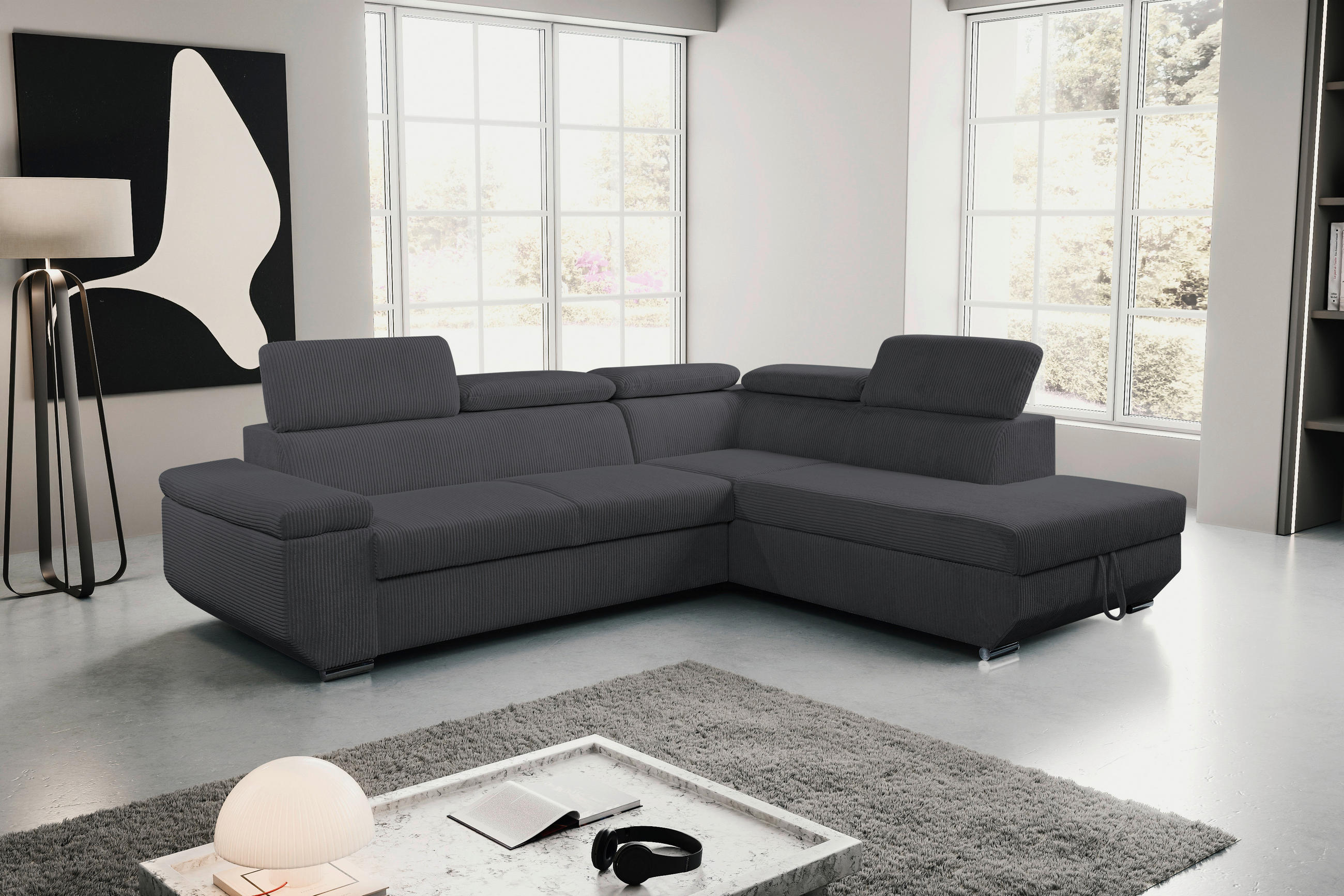 ECKSOFA LARS I Anthrazit Cord  - Chromfarben/Anthrazit, Design, Kunststoff/Textil (264/215cm) - Livetastic