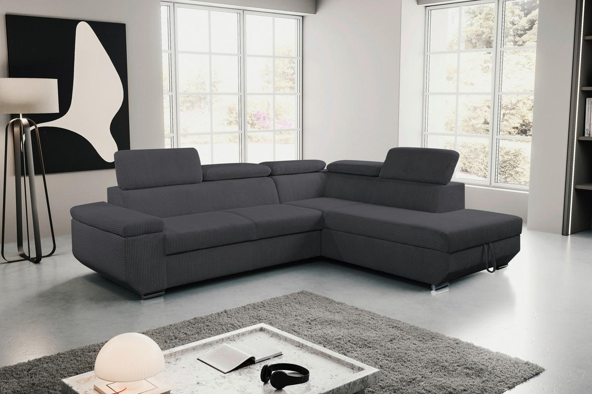 ECKSOFA LARS I Anthrazit Cord  - Chromfarben/Anthrazit, Design, Kunststoff/Textil (264/215cm) - Livetastic