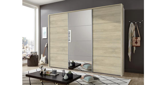 SCHWEBETÜRENSCHRANK in Weiß, Eichefarben, Hickory - Eichefarben/Alufarben, Design, Glas/Holzwerkstoff (270/210/65cm) - Carryhome
