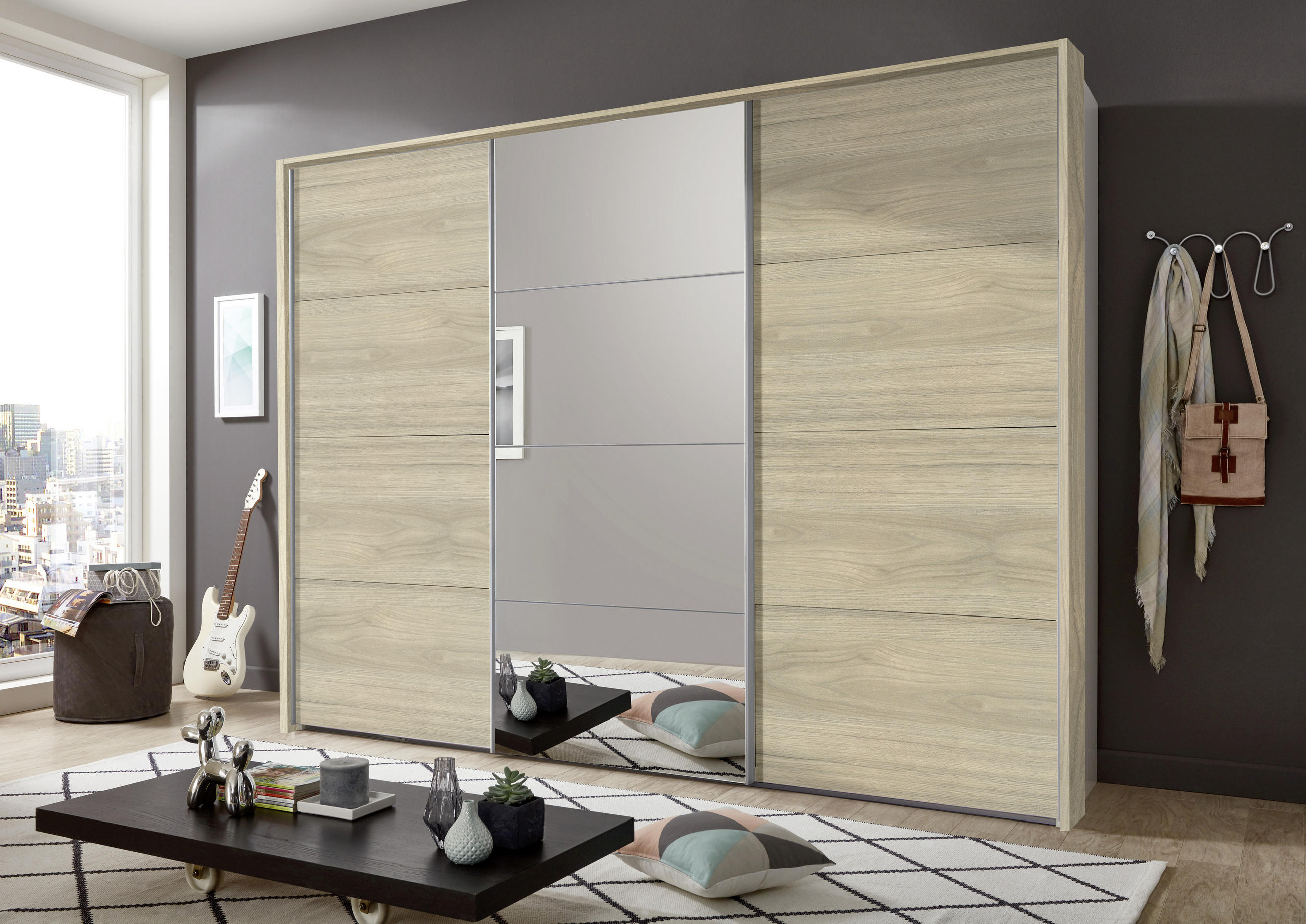 SCHWEBETÜRENSCHRANK 270/210/65 cm 3-türig Weiß, Eichefarben, Hickory  - Eichefarben/Alufarben, Design, Glas/Holzwerkstoff (270/210/65cm) - Boxxx