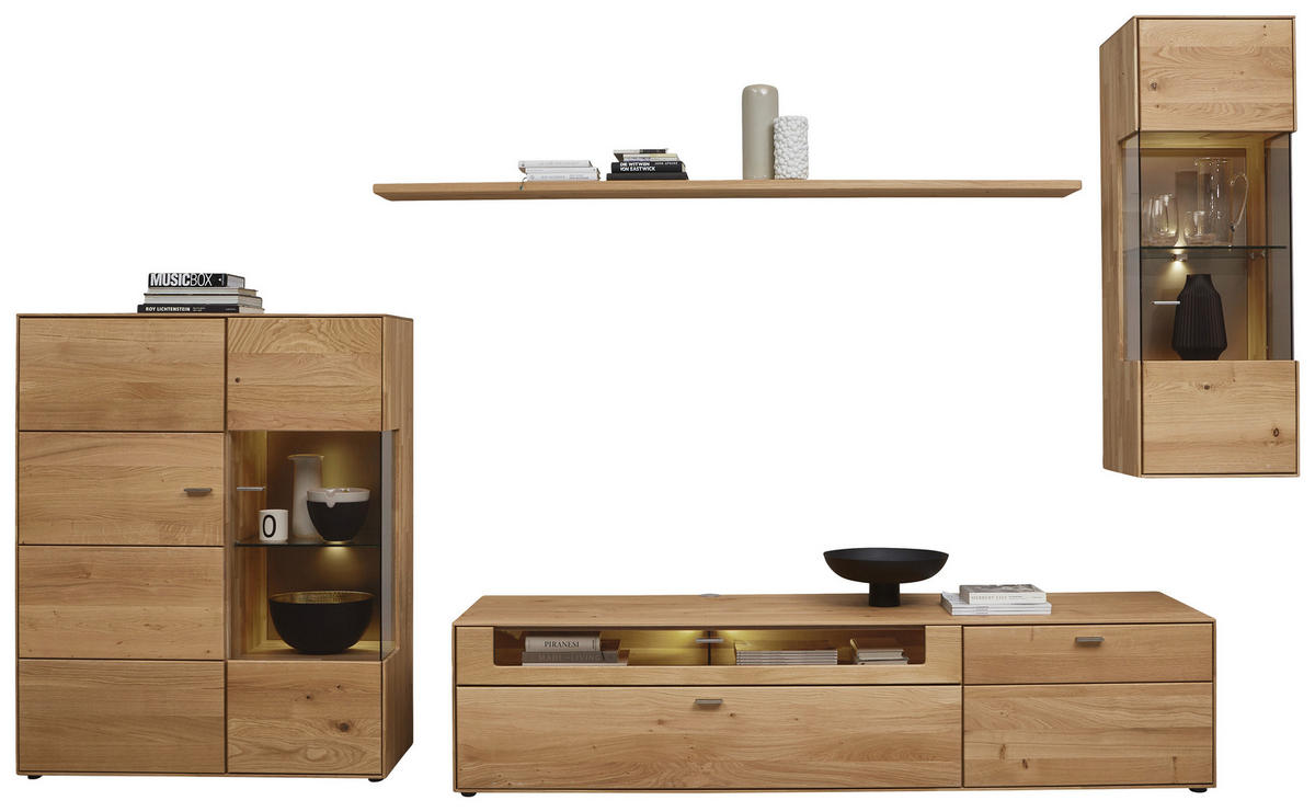 WOHNWAND  in Eichefarben  332,7/202,4/54,5 cm  - Edelstahlfarben/Eichefarben, KONVENTIONELL, Glas/Holz (332,7/202,4/54,5cm) - Valnatura