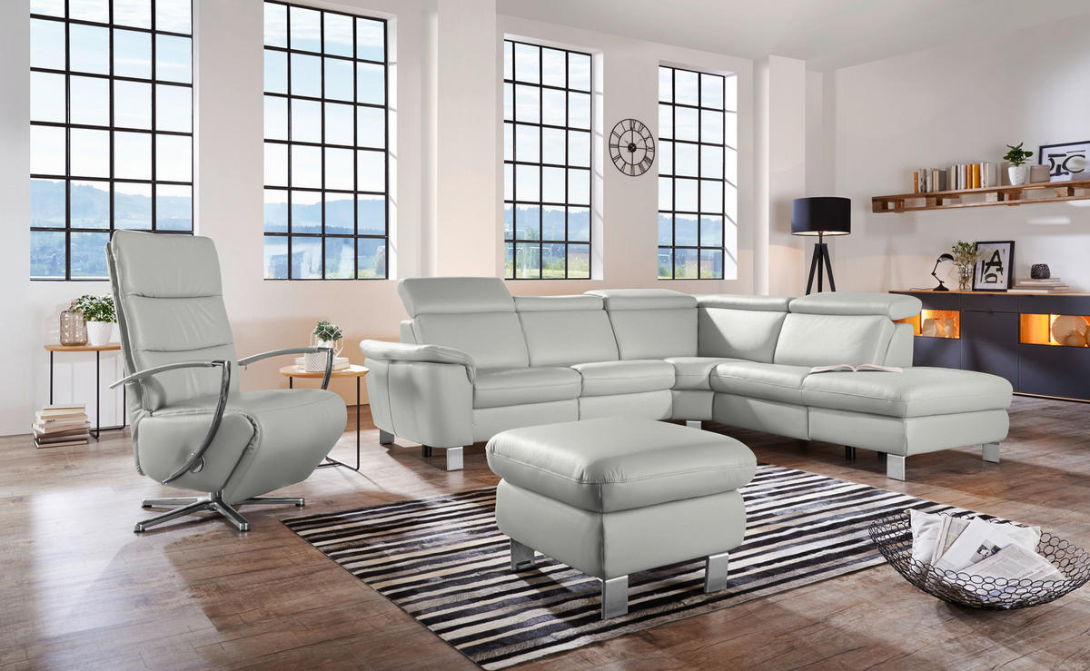 ECKSOFA in Echtleder Hellgrau  - Hellgrau/Alufarben, Design, Leder/Metall (271/239cm) - Cantus