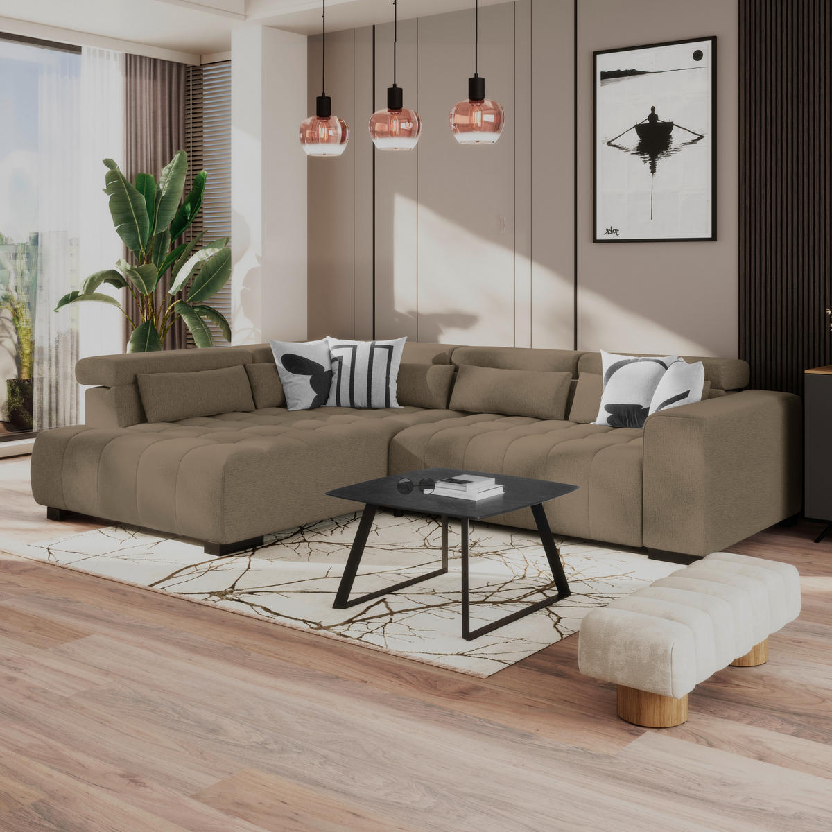 ECKSOFA MATERA Braun Chenille, Struktur Nierenkissen, Kopfteilverstellung, Sitzvorzug  - Schwarz/Braun, Trend, Holz/Textil (226/311cm) - MID.YOU