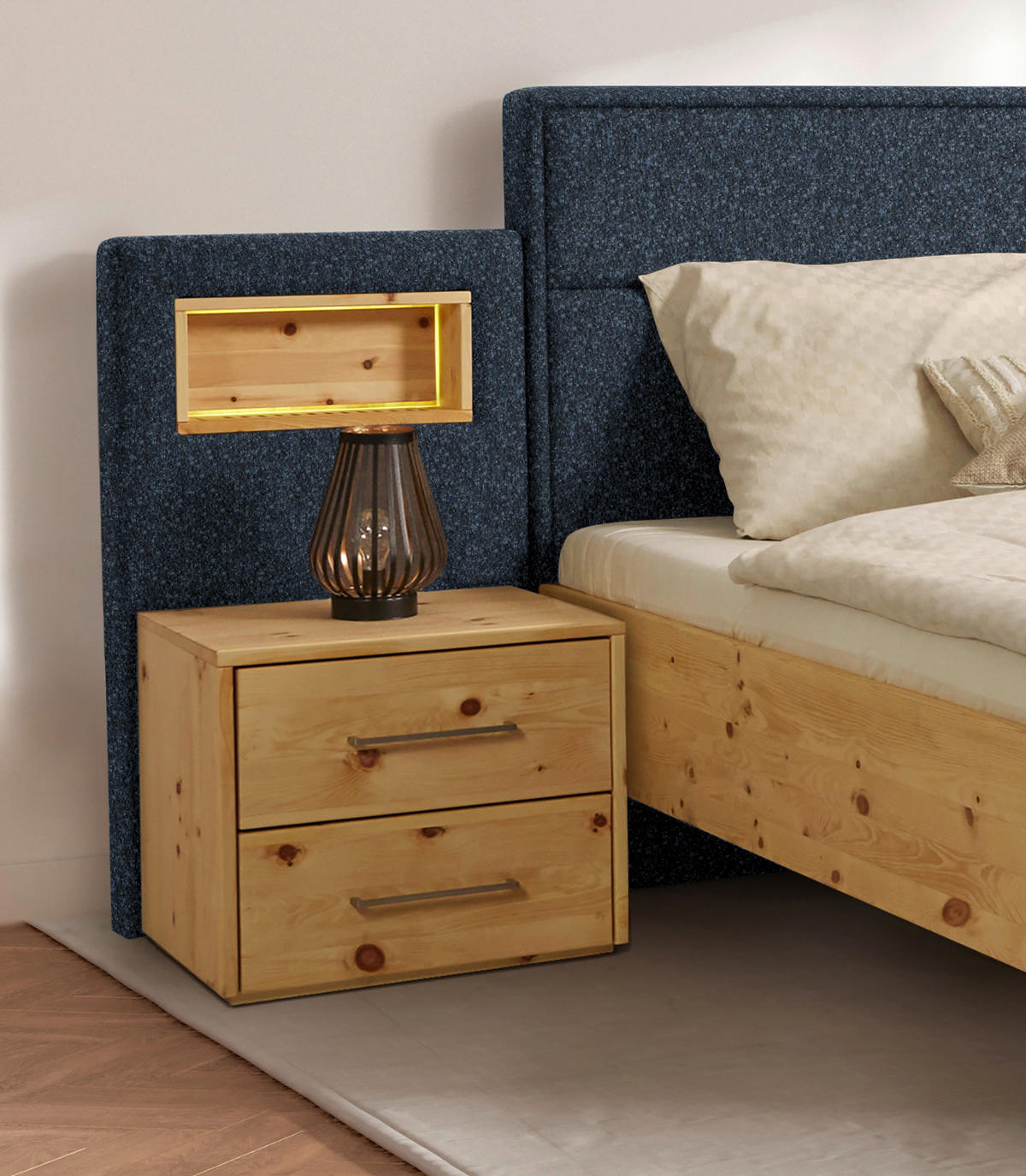 BETT 160/200 cm  in Zirbelkieferfarben, Dunkelblau  - Zirbelkieferfarben/Dunkelblau, Natur, Holz/Textil (160/200cm) - Valnatura