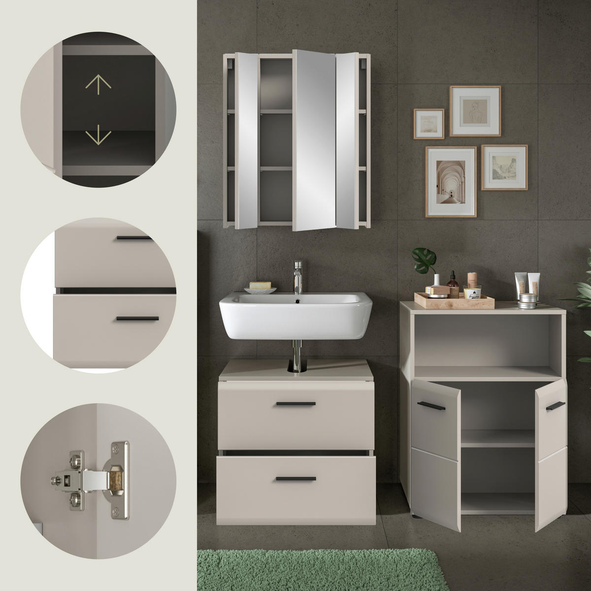 BADEZIMMER 3-teilig  in 120 cm  - Kaschmir/Schwarz, Trend, Glas/Holzwerkstoff (120cm) - MID.YOU