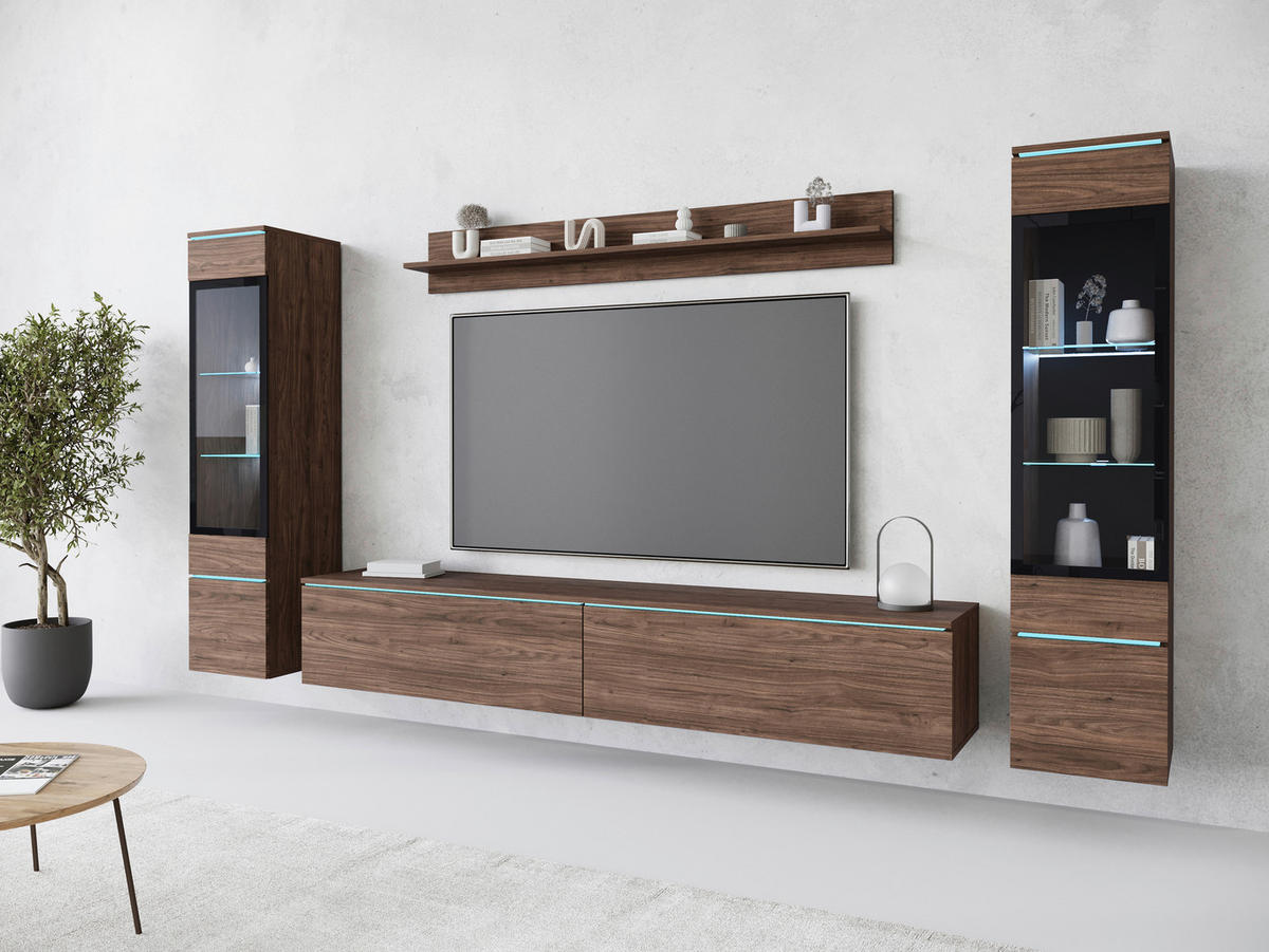 Set Mobilă Living, 4 piese, culoare lemn de nuc, 240/130/33 cm - culoare lemn de nuc/gri, Lifestyle, plastic/sticlă (240/130/33cm) - P & B