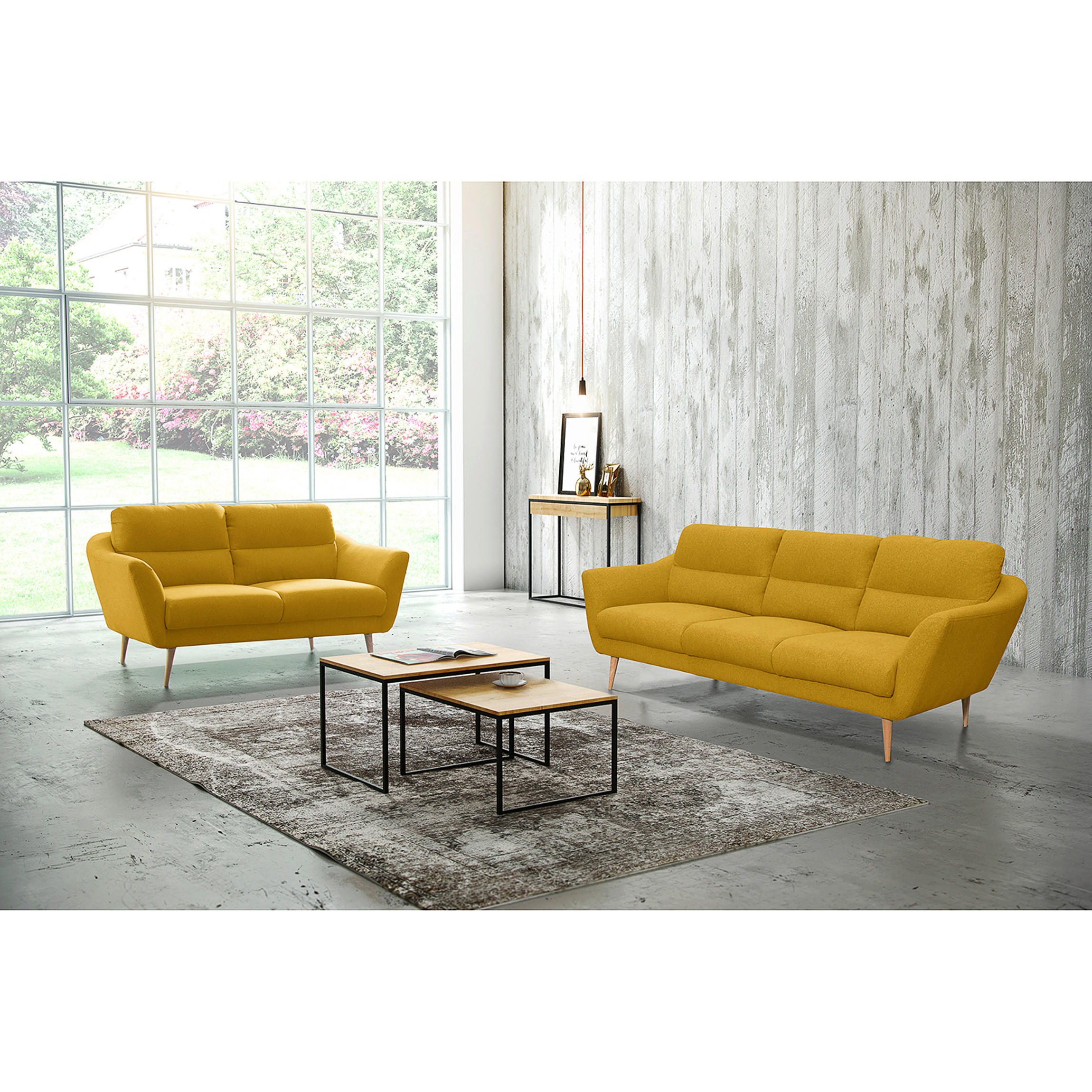3-SITZER-SOFA in Webstoff Gelb  - Gelb/Buchefarben, Design, Holz/Textil (209/87/88cm) - Livetastic
