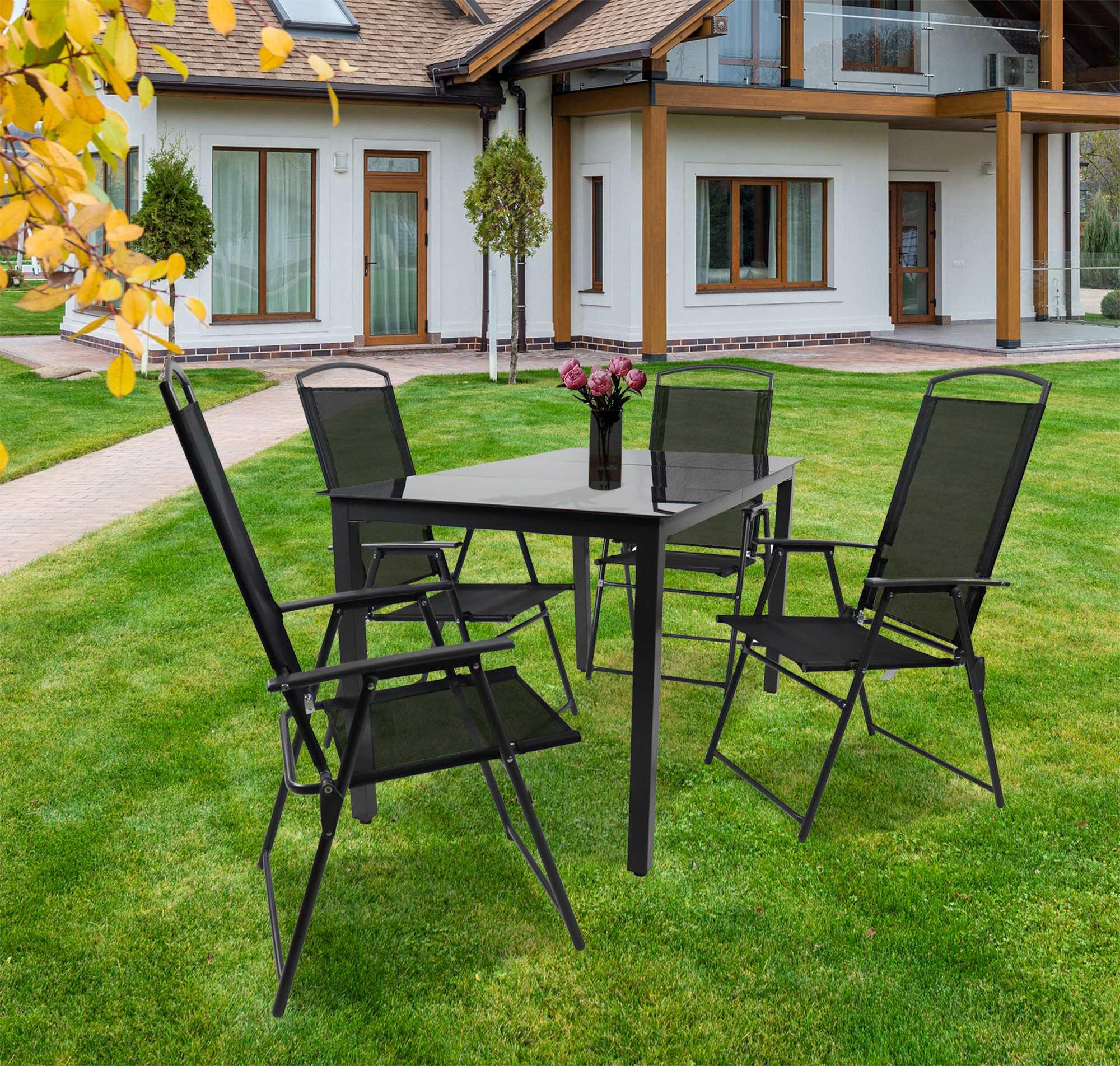 GARTENTISCHGRUPPE Aluminium - Anthrazit/Schwarz, Basics, Glas/Textil - Gardenson