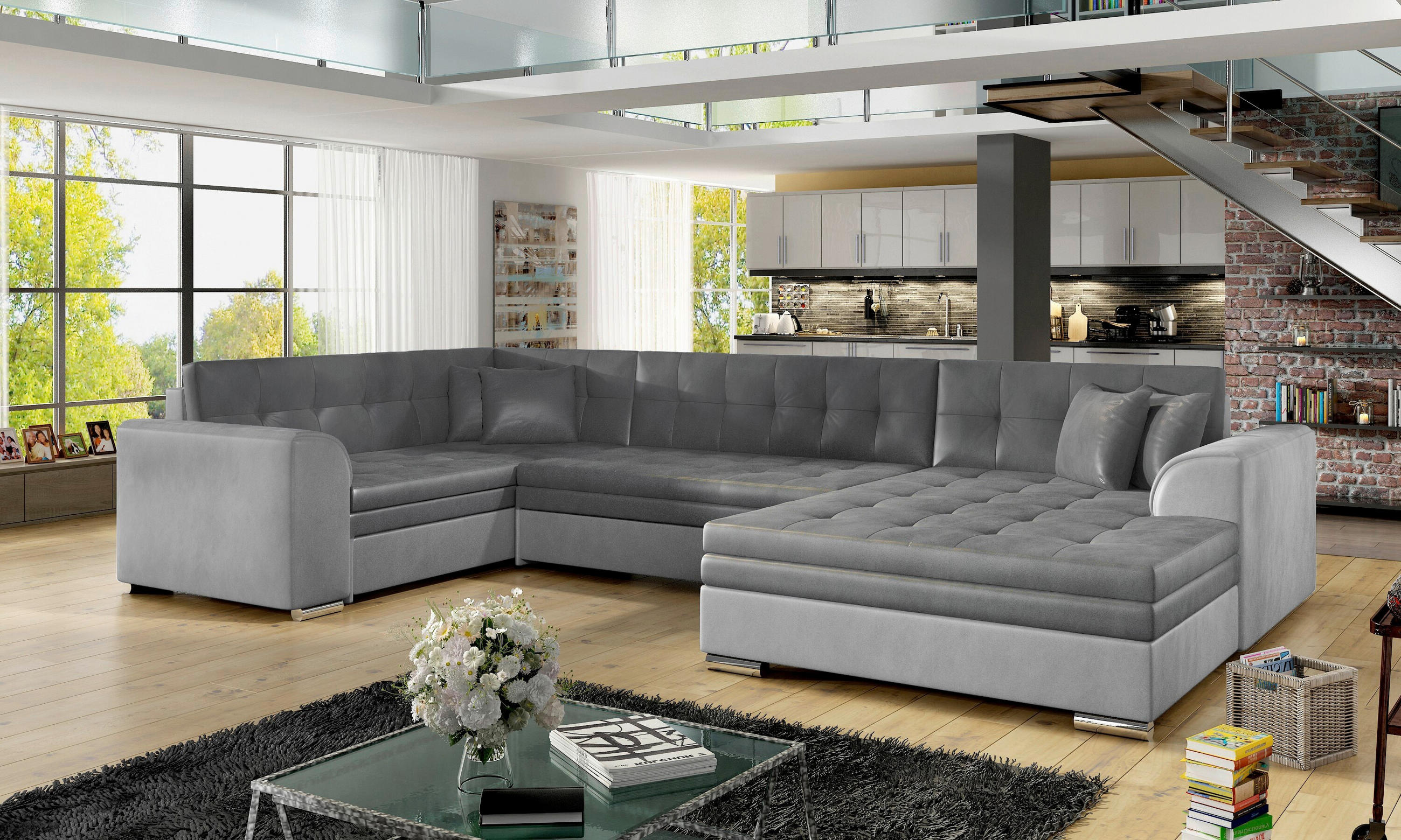 WOHNLANDSCHAFT Grau, Hellgrau Samt  - Chromfarben/Hellgrau, Design, Textil/Metall (189/338/189cm) - MID.YOU