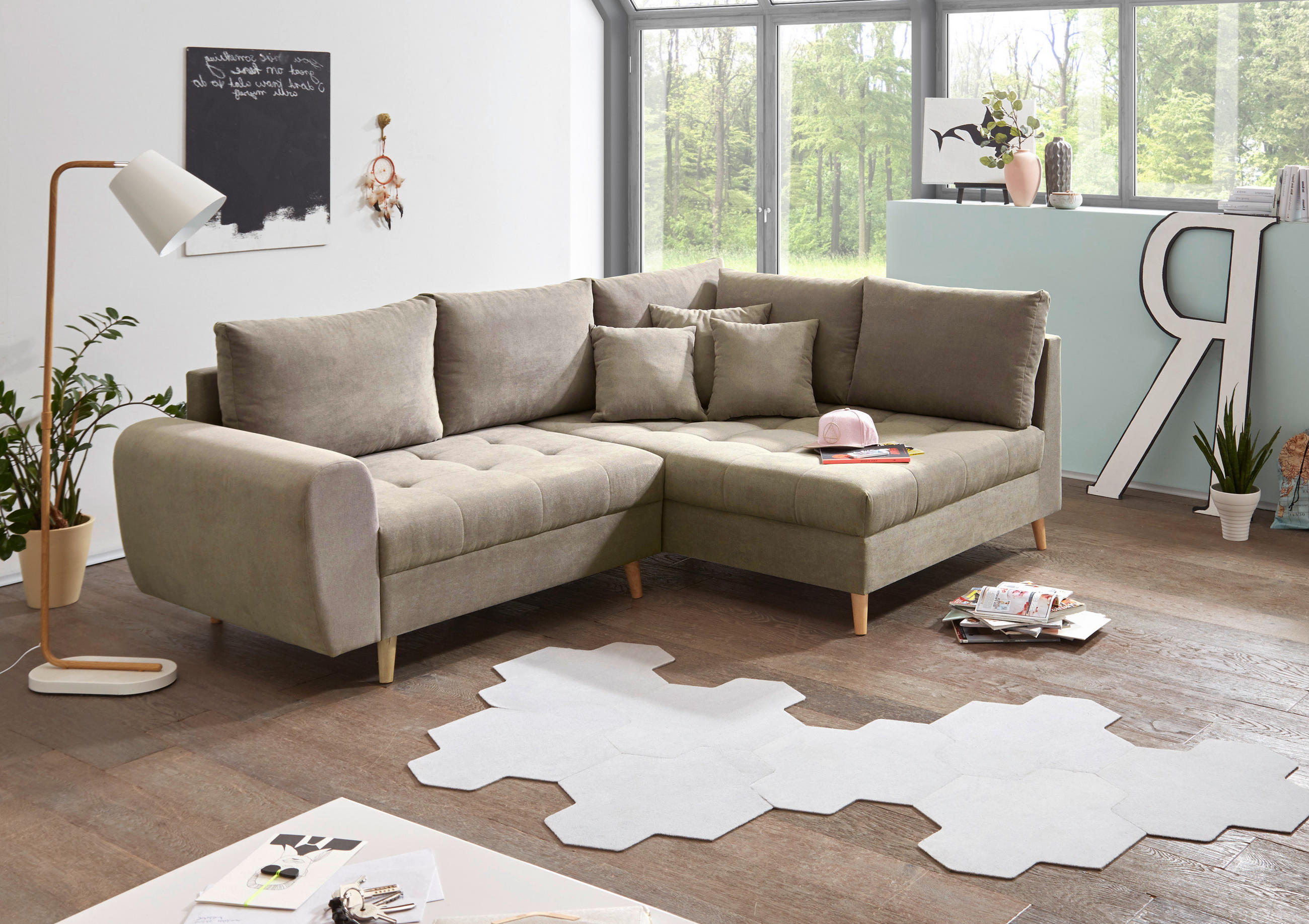 ECKSOFA Sandfarben Mikrovelours - Sandfarben/Kieferfarben, KONVENTIONELL, Kunststoff/Textil (249/175cm) - MID.YOU
