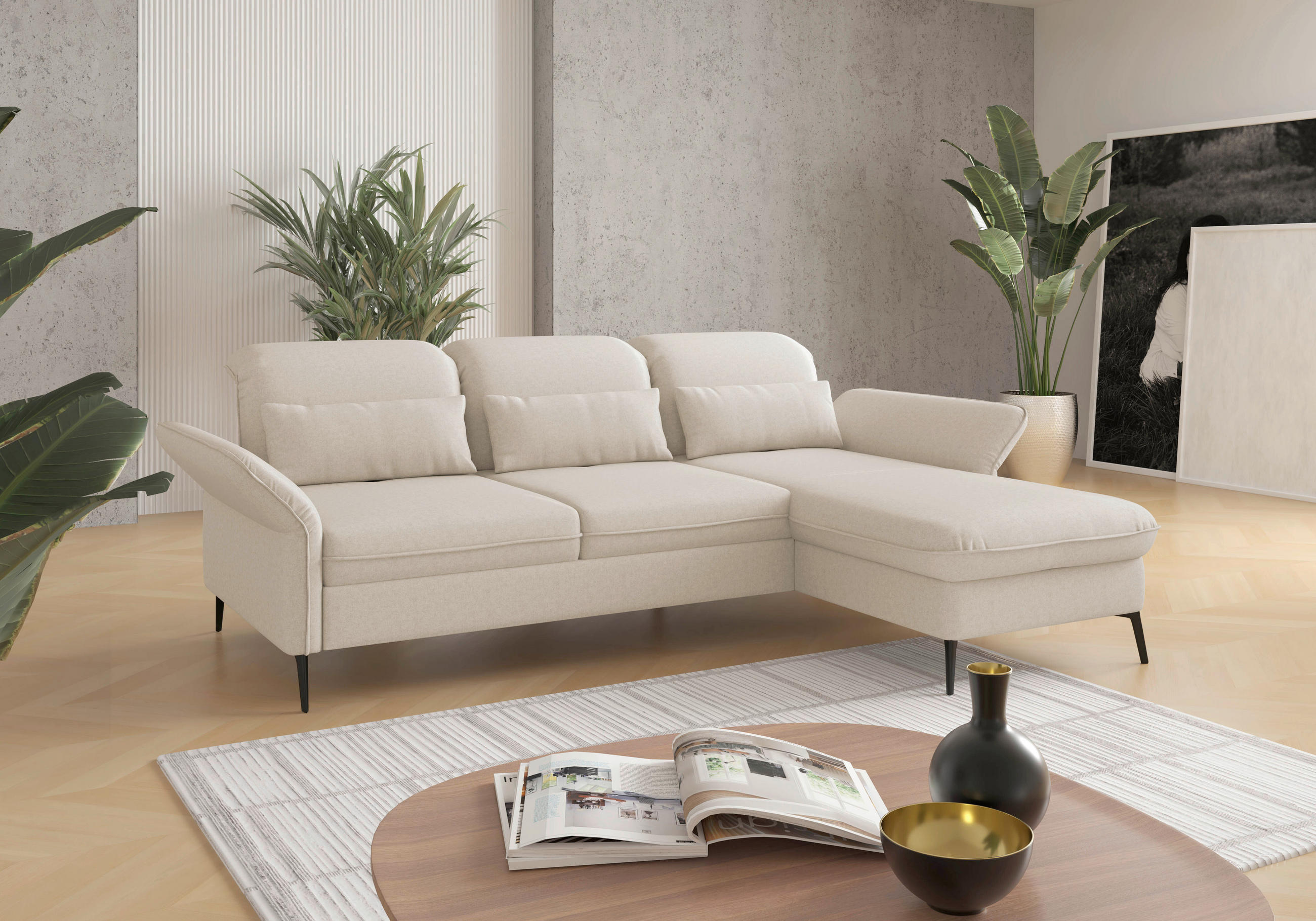 ECKSOFA Creme Flachgewebe  - Creme/Schwarz, KONVENTIONELL, Textil/Metall (264/198cm) - Sit & More