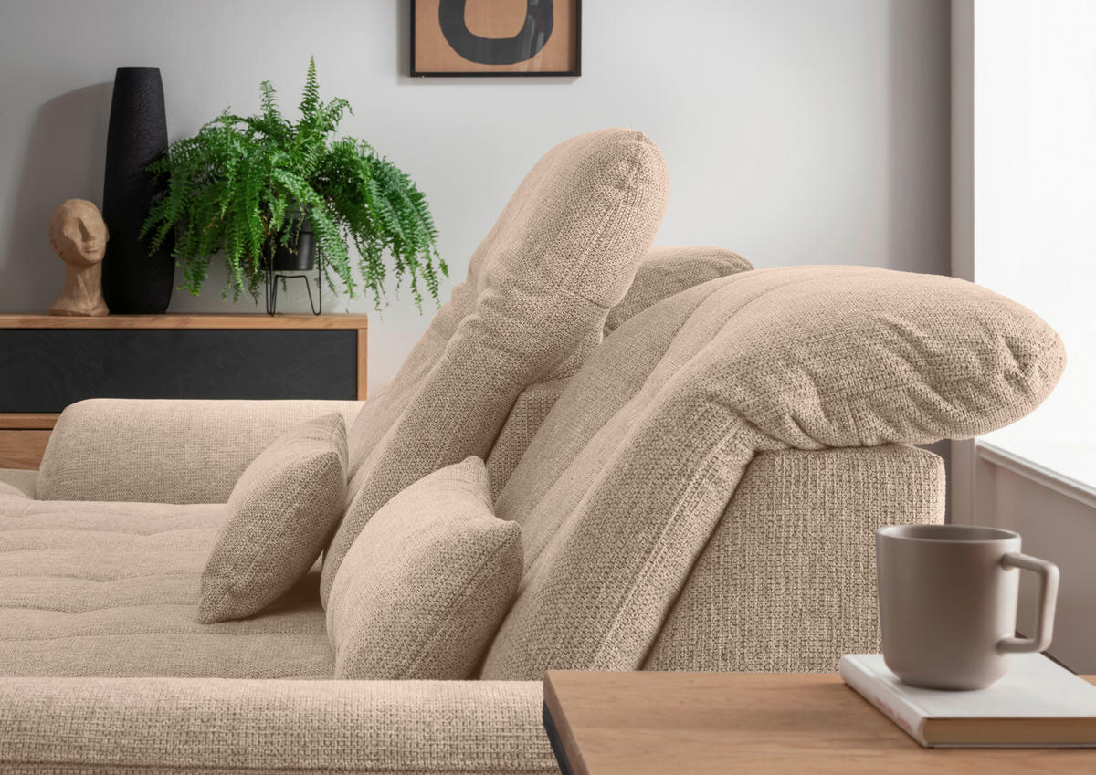 ECKSOFA RIGATTI Hellbraun Flachgewebe Kopfteilverstellung, Stauraum, Sitztiefenverstellung  - Chromfarben/Hellbraun, MODERN, Textil/Metall (254/308cm) - Livetastic