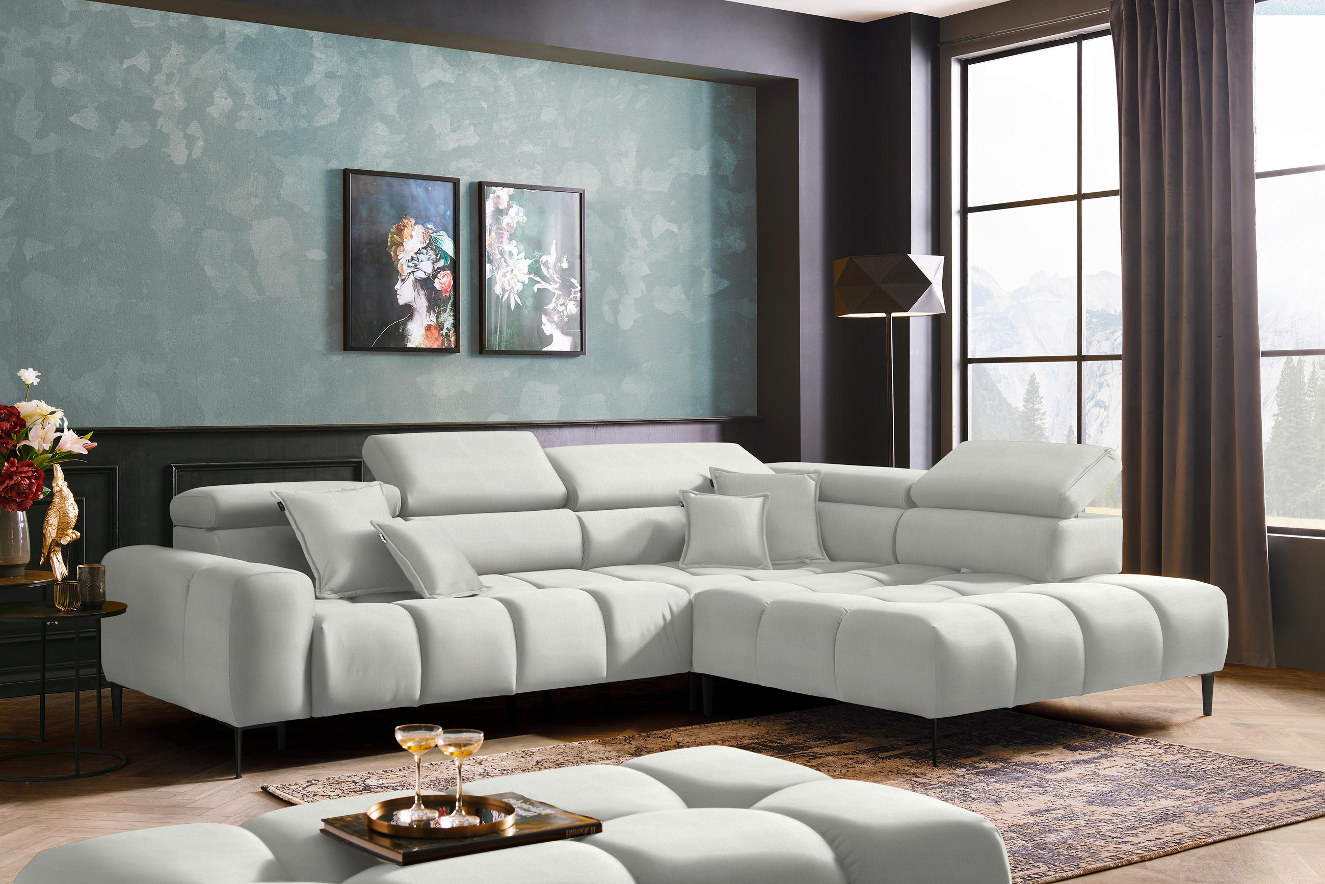 ECKSOFA in Samt, Webstoff Creme  - Creme/Schwarz, Design, Textil/Metall (300/216cm) - Welnova