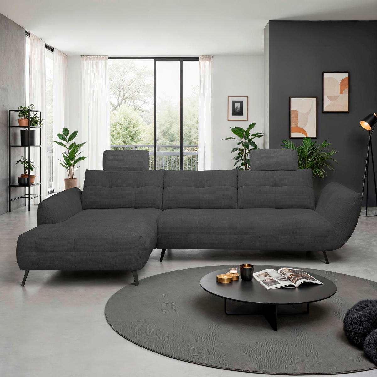 ECKSOFA Anthrazit Chenille Armlehnenkissen, Rücken echt, Sitztiefenverstellung  - Anthrazit/Schwarz, KONVENTIONELL, Textil/Metall (215/313cm) - Hom`in