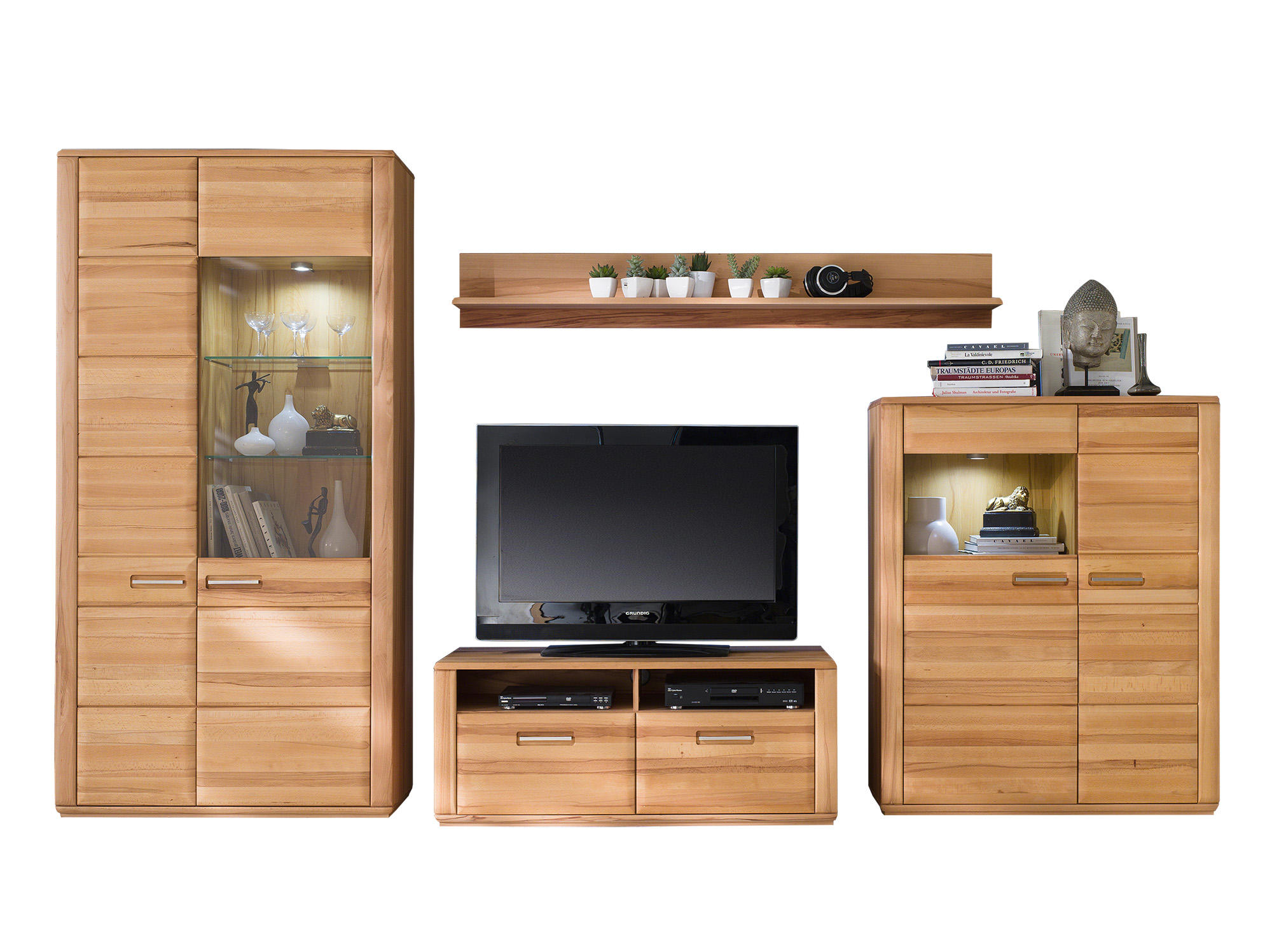 WOHNWAND La Paz  in Buchefarben  357/209/51 cm  - Buchefarben/Silberfarben, Design, Glas/Holz (357/209/51cm) - Livetastic