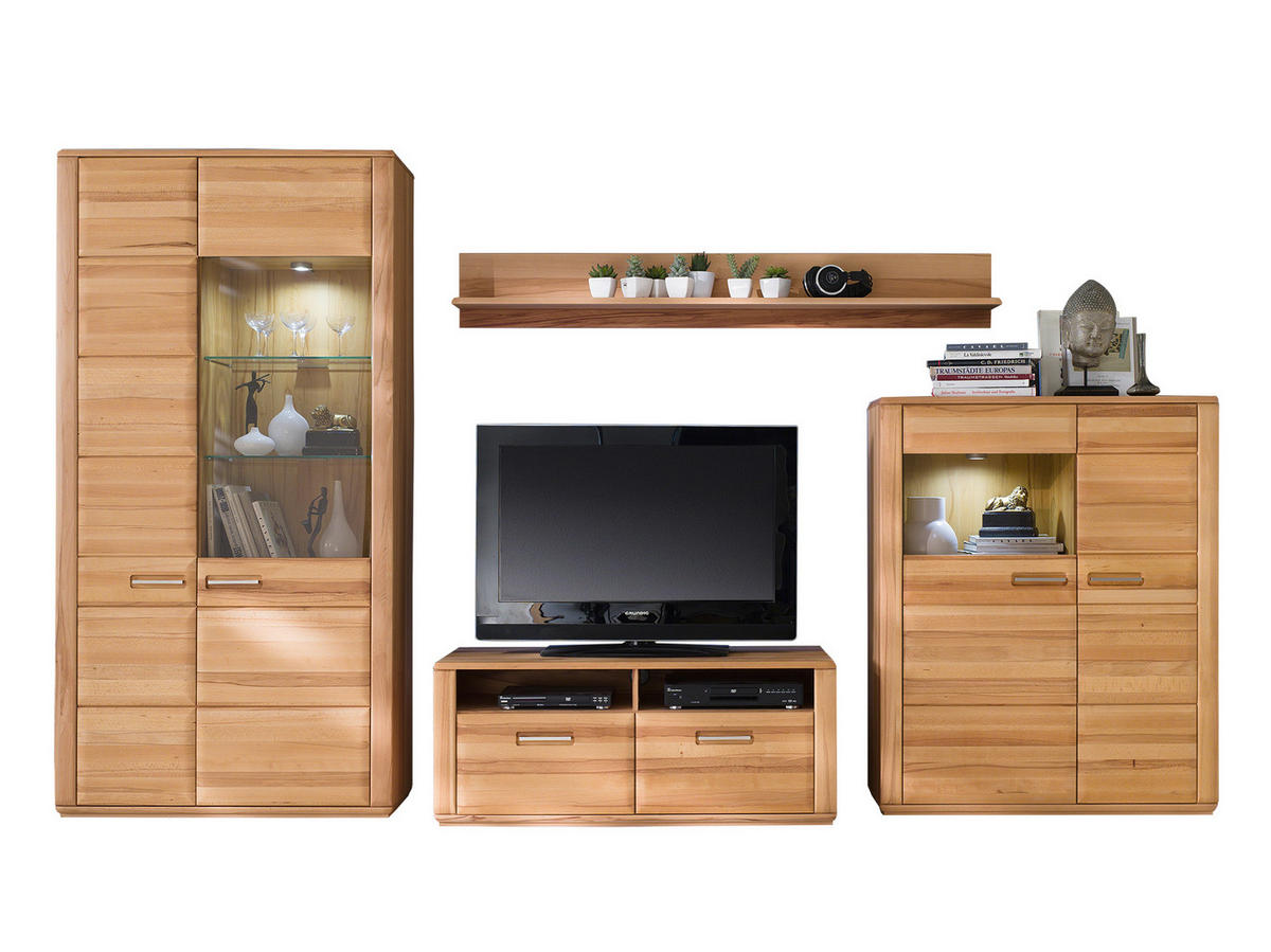 WOHNWAND La Paz  in Buchefarben  357/209/51 cm  - Buchefarben/Silberfarben, Design, Glas/Holz (357/209/51cm) - Livetastic
