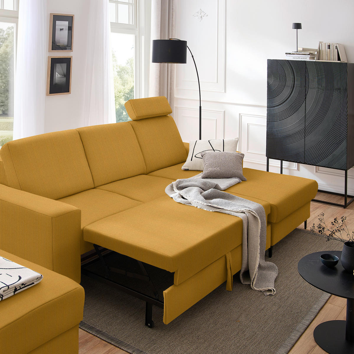 ECKSOFA Currygelb Cord  - Currygelb/Schwarz, KONVENTIONELL, Textil/Metall (247/167cm) - Stylife
