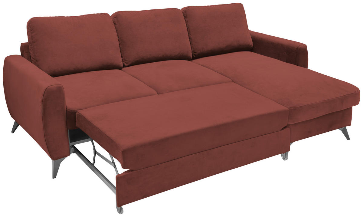 ECKSCHLAFSOFA JEFFREY Mikrovelours Rotbraun  inkl. Zierkissen, Rückenkissen, Stauraum  - Rotbraun/Schwarz, KONVENTIONELL, Textil/Metall (230/150cm) - Livetastic