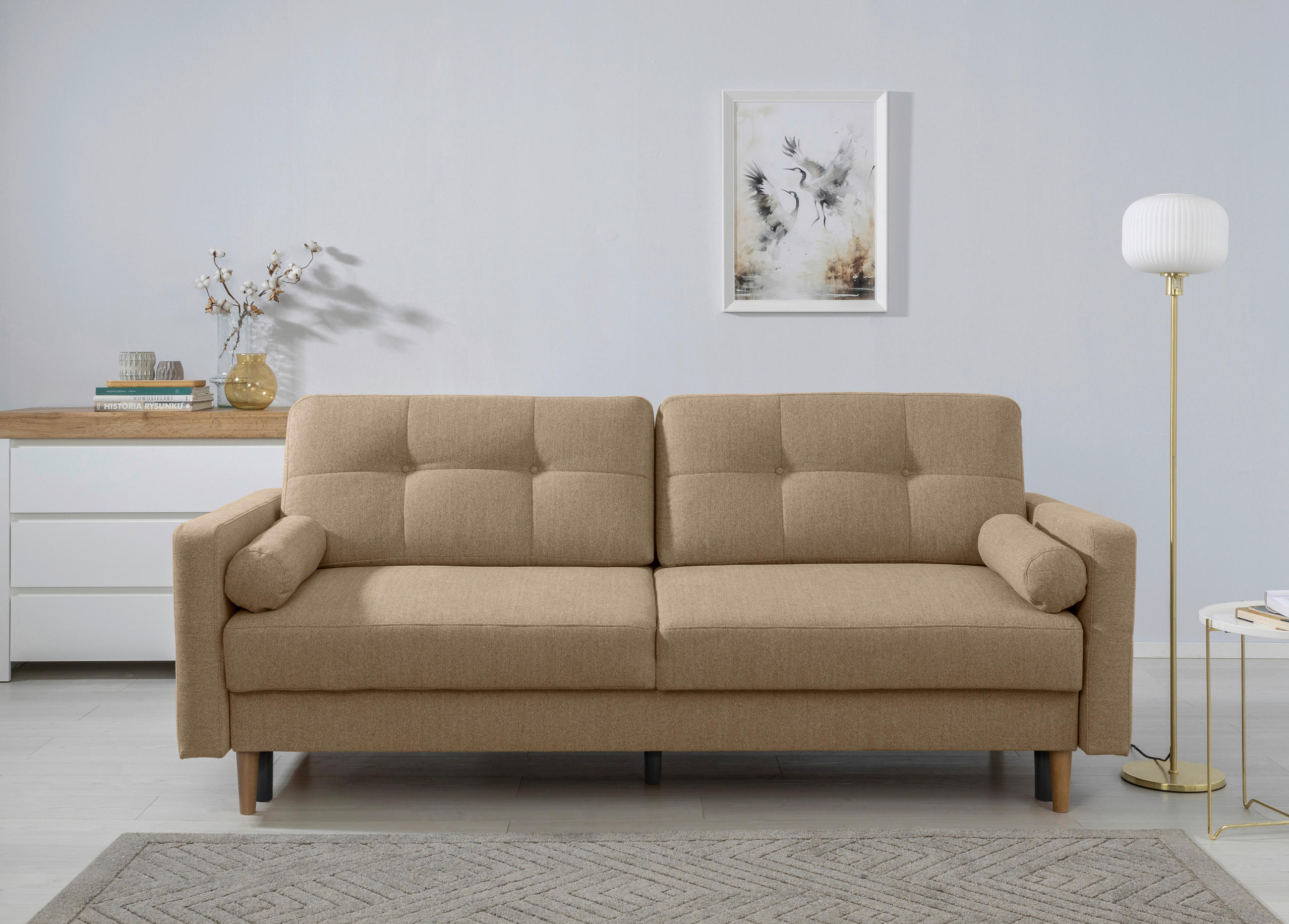 SCHLAFSOFA Noret Hellbraun  inkl. Rückenkissen, Armlehnenkissen, Bettkasten, Schlaffunktion  - Hellbraun/Buchefarben, Design, Holz/Textil (222/93/99cm) - MID.YOU