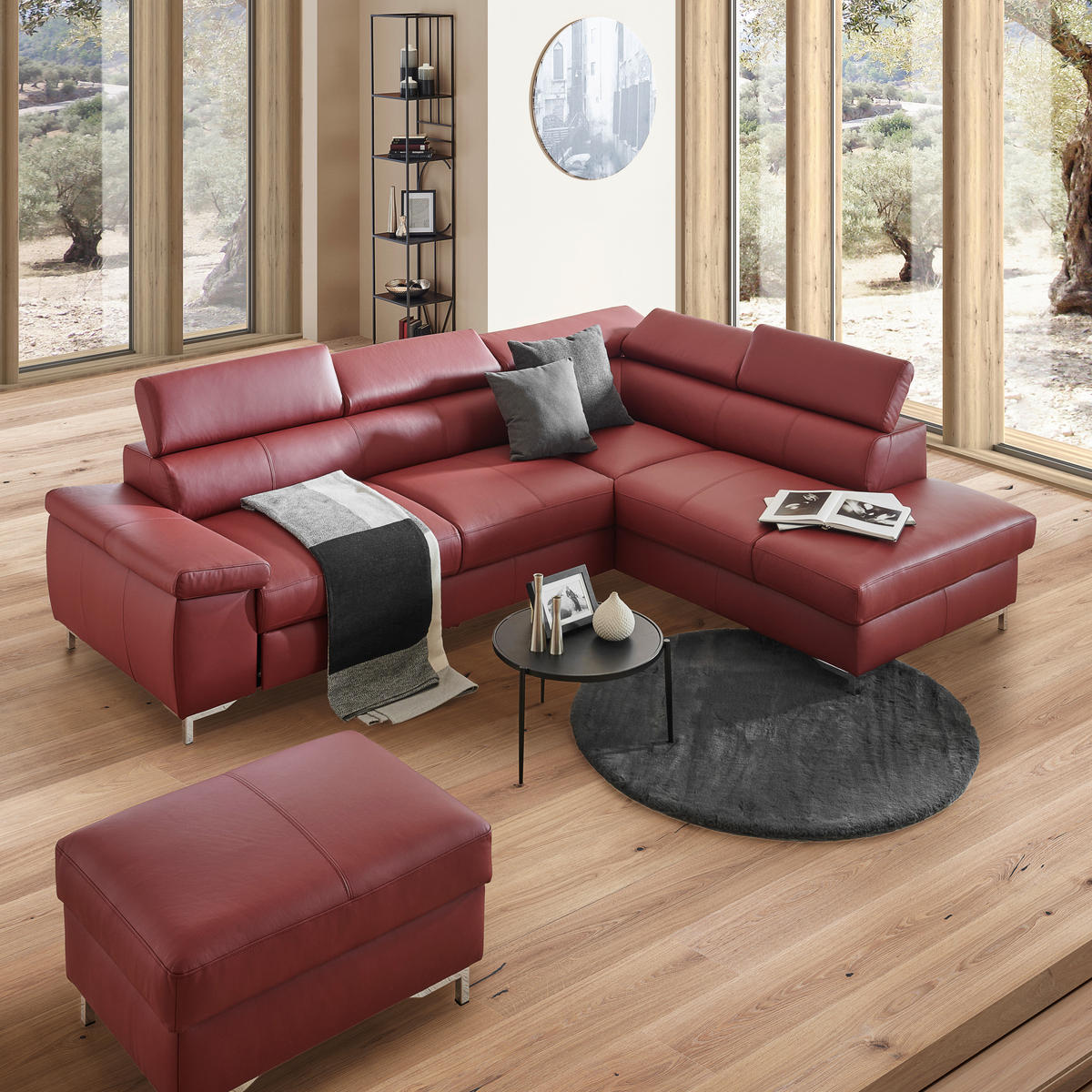 ECKSOFA in Echtleder Bordeaux  - Bordeaux/Schwarz, Design, Leder/Metall (268/213cm) - Stylife