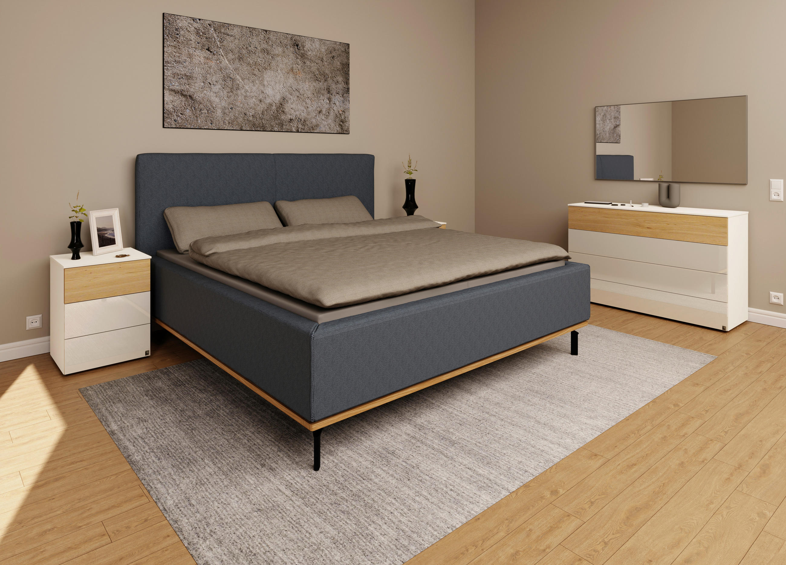 Thumbnail - Musterring Polsterbett, Dunkelblau, Textil, Birke, Buche, massiv, H2 + H3, Höhe ca. 20 cm, 160x200 cm, Reach, atmungsakt...